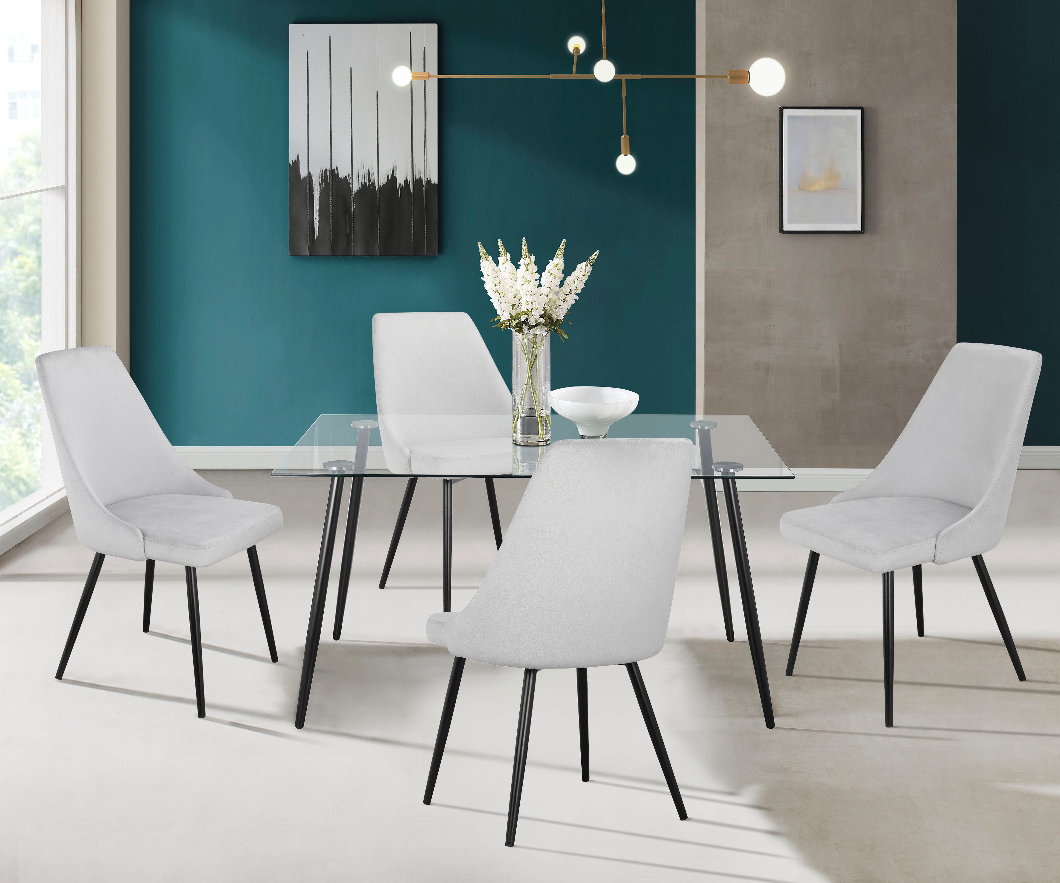 INOSIGN Essgruppe Danny-Malio, (Set, 5-tlg., Set 140 cm), Glastisch 140x80 cm mit 4 Stühlen (Veloursstoff), Gestell aus Metall