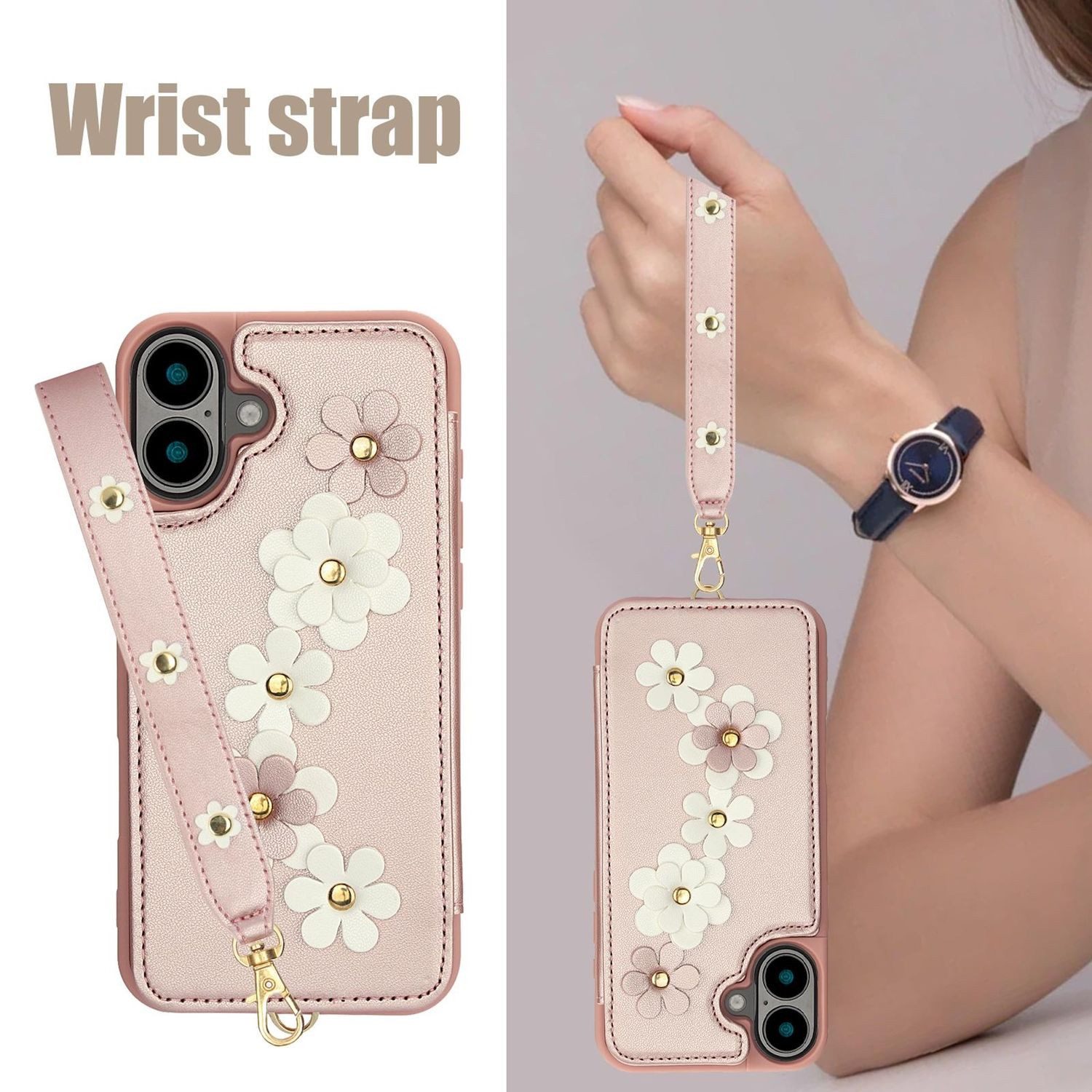 Wigento Handyhülle Für Apple iPhone 17 Hülle Crossbody Kunstleder Blumenmuster Rose Gold, Mit Kartenfächern, Gurt, Kickstand-Funktion