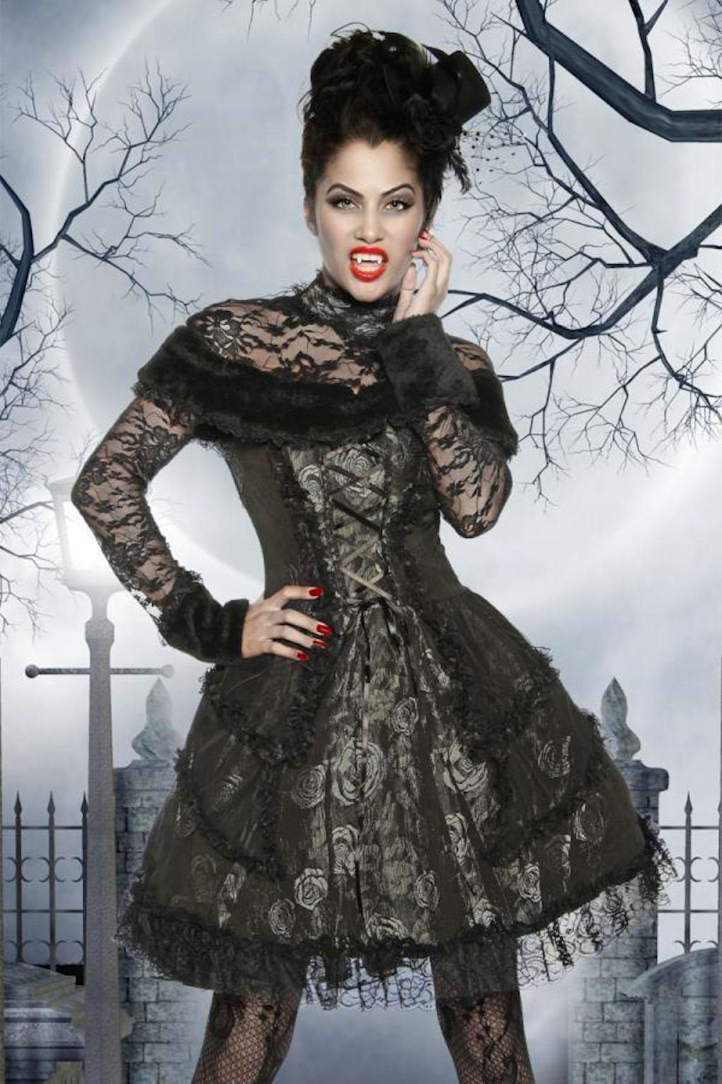 Vampir-Kostüm Gothic-Spitzenkleid Vampirkostüm Spitzenkleid Karneval Halloween