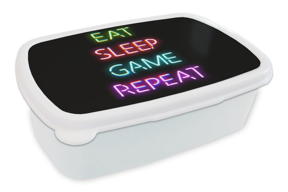 MuchoWow Lunchbox Gaming - Led - Zitat - Eat sleep game repeat - Gaming, Kunststoff, (2-tlg), Brotbox für Kinder und Erwachsene, Brotdose, für Jungs und Mädchen weiß