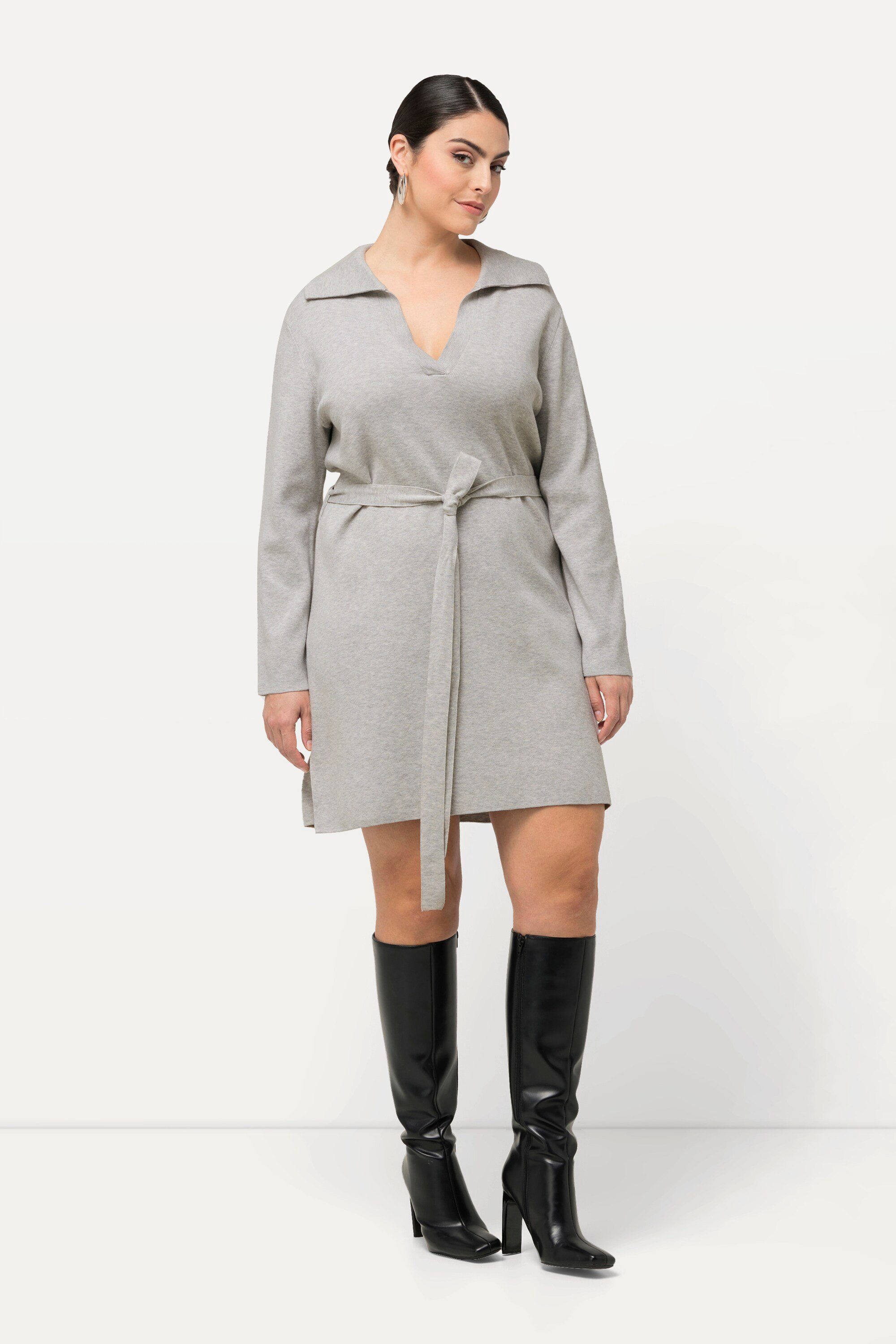 Ulla Popken Jerseykleid Strickkleid Gürtel Hemdkragen günstig online kaufen