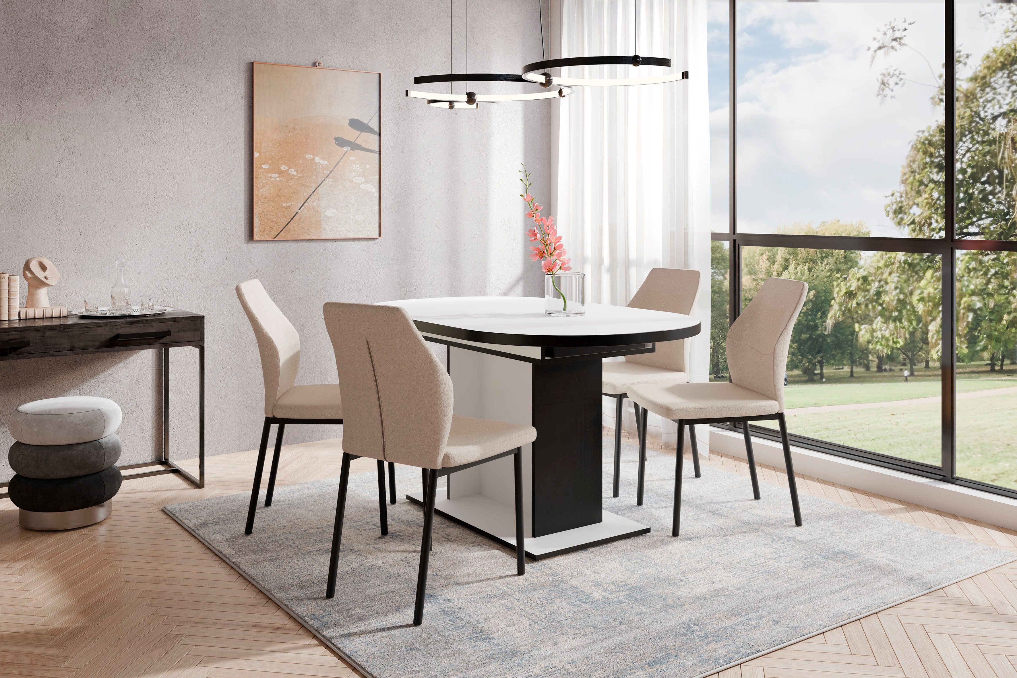 OTTO home Essgruppe Basel, Tischgruppe mit 4 Stühlen, Esstisch ausziehbar 140 - 180 cm, (Set, 5-tlg., Otto's DAUERTIEFPREIS), BESTSELLER, Sitzgruppe, Tisch, Stühle, ovale Tischplatte, Säulentisch