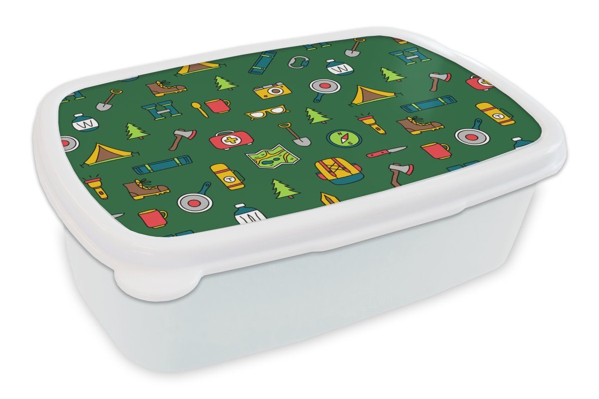 MuchoWow Lunchbox Camping - Zelt - Axt - Rucksack, Kunststoff, (2-tlg), Brotbox für Kinder und Erwachsene, Brotdose, für Jungs und Mädchen weiß