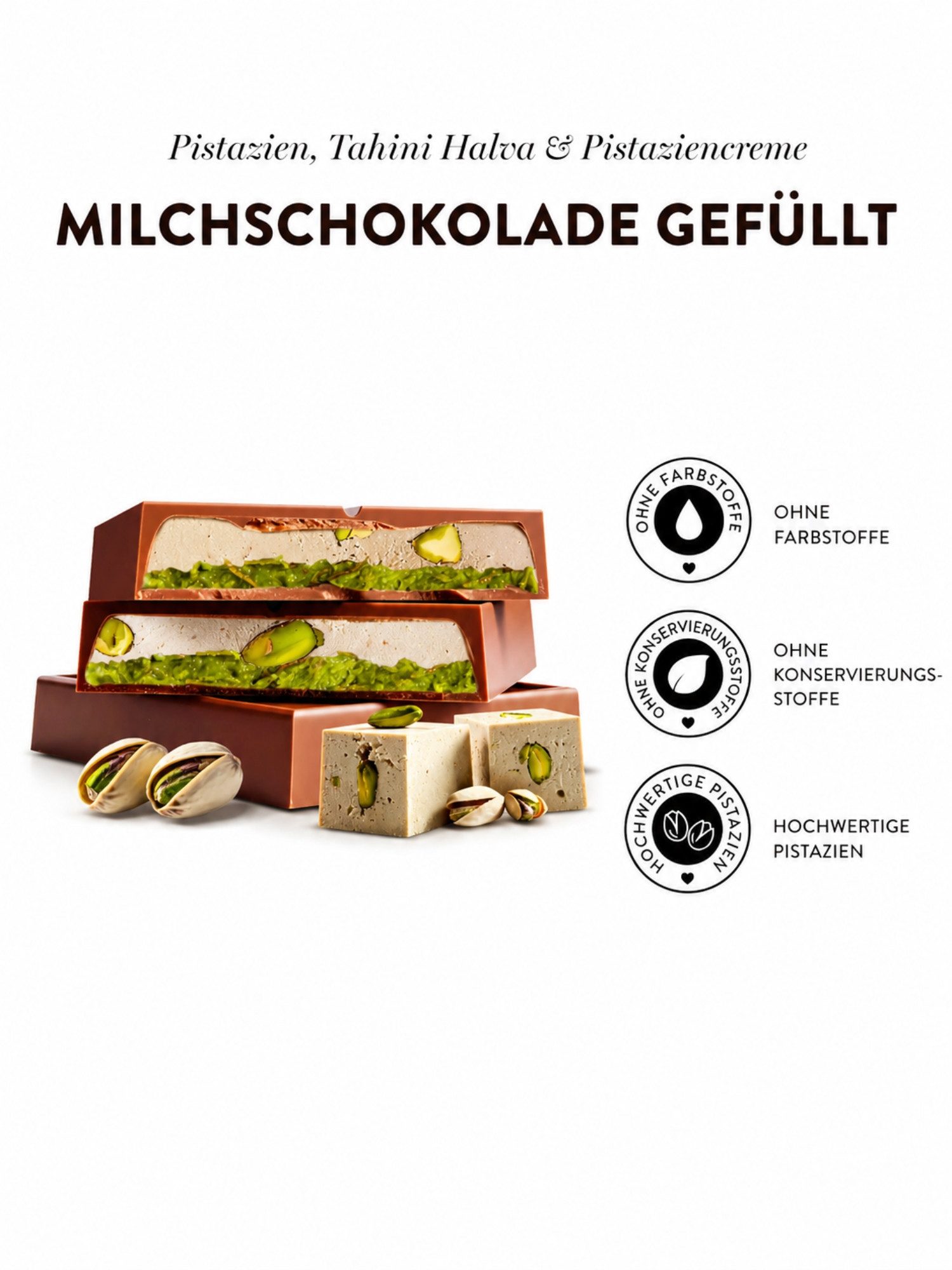 PATISLOVE Schokolade Vollmilchschokolade mit Tahini Halva & Pistaziencreme 100g, ohne Konservierungsstoffe, ohne Farbstoffe