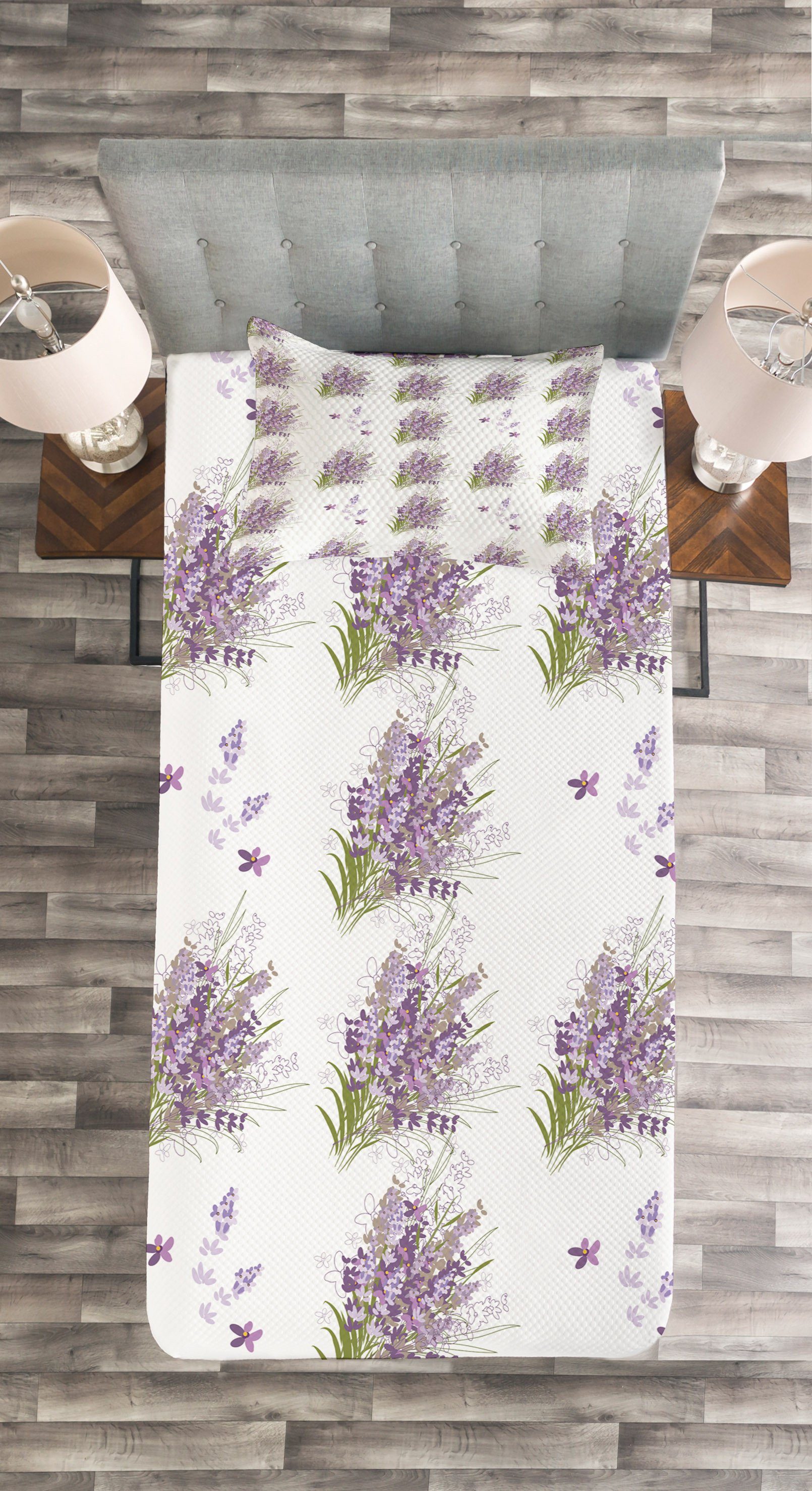Violett Abakuhaus, Set Lavendel-Flieder-Blumen-Entwurf Tagesdecke Kissenbezügen mit Waschbar,