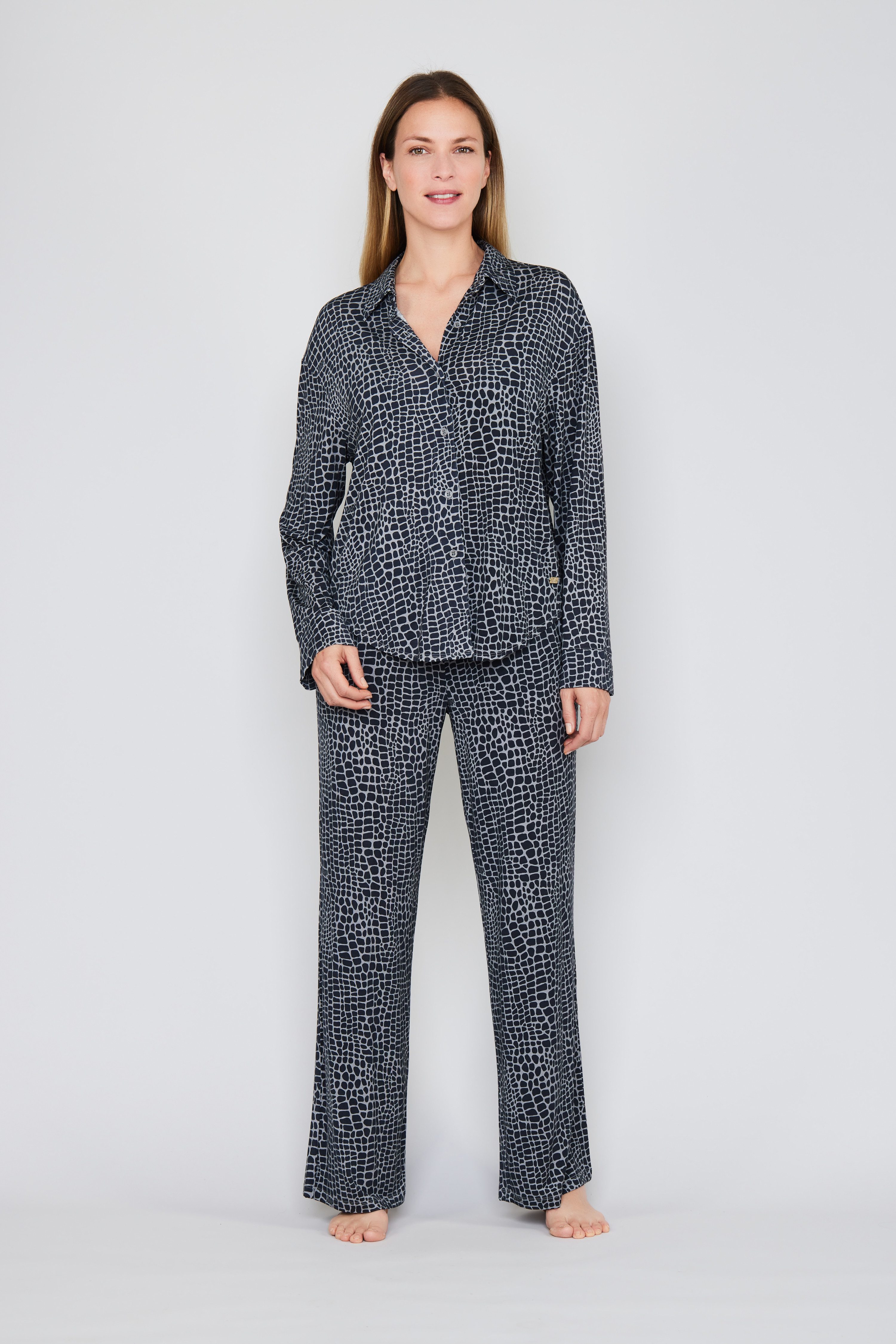 JOOP! Pyjamaoberteil Luxe Modal Printed langärmelig, Modal-Mix, Knöpfe