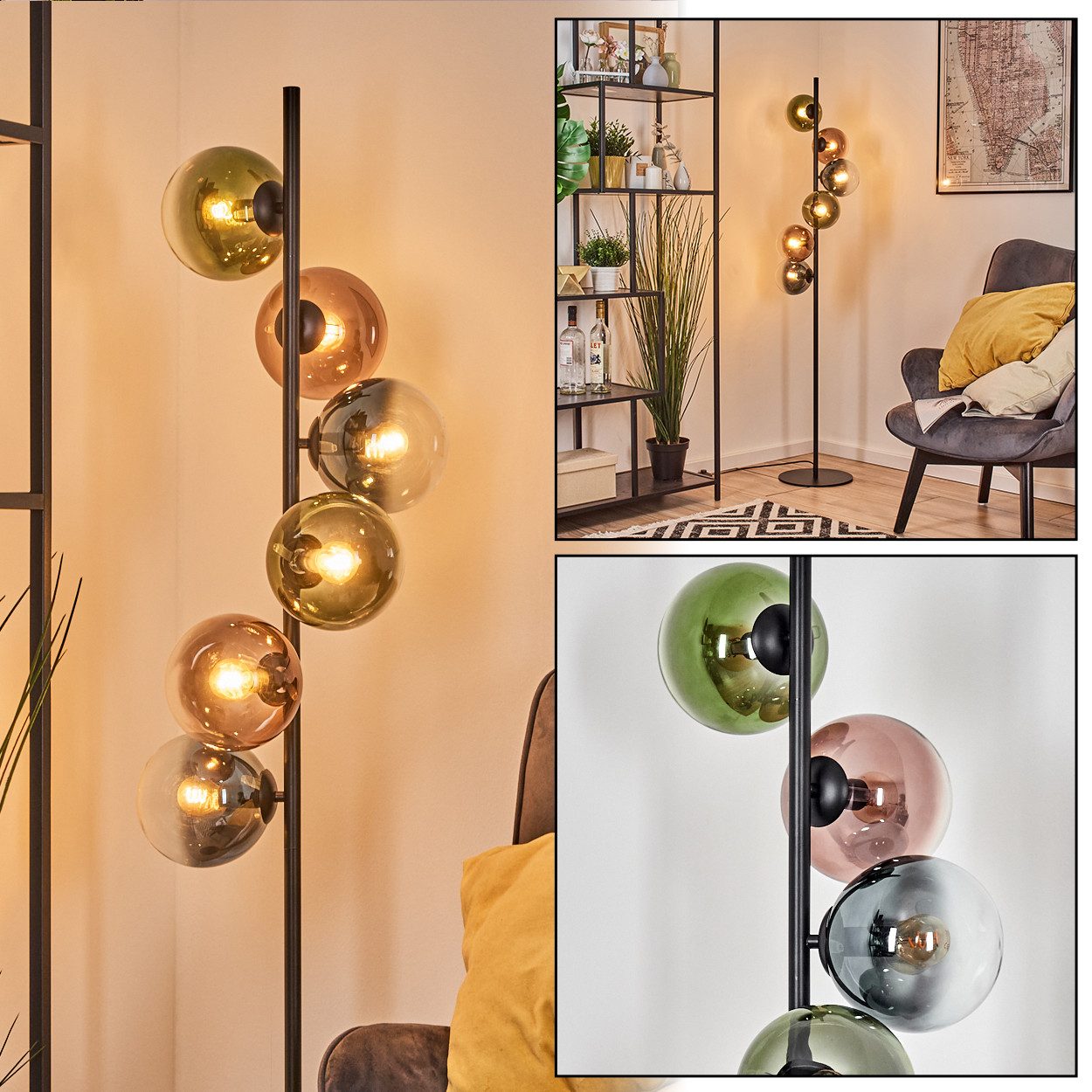 hofstein Stehlampe Stehlampe aus Metall/Glas in Schwarz/Blau/Grün/Kupfer/Klar, Stehleuchte im Retro-Design (Schirme 15cm), Fußschalter, 160cm, E14
