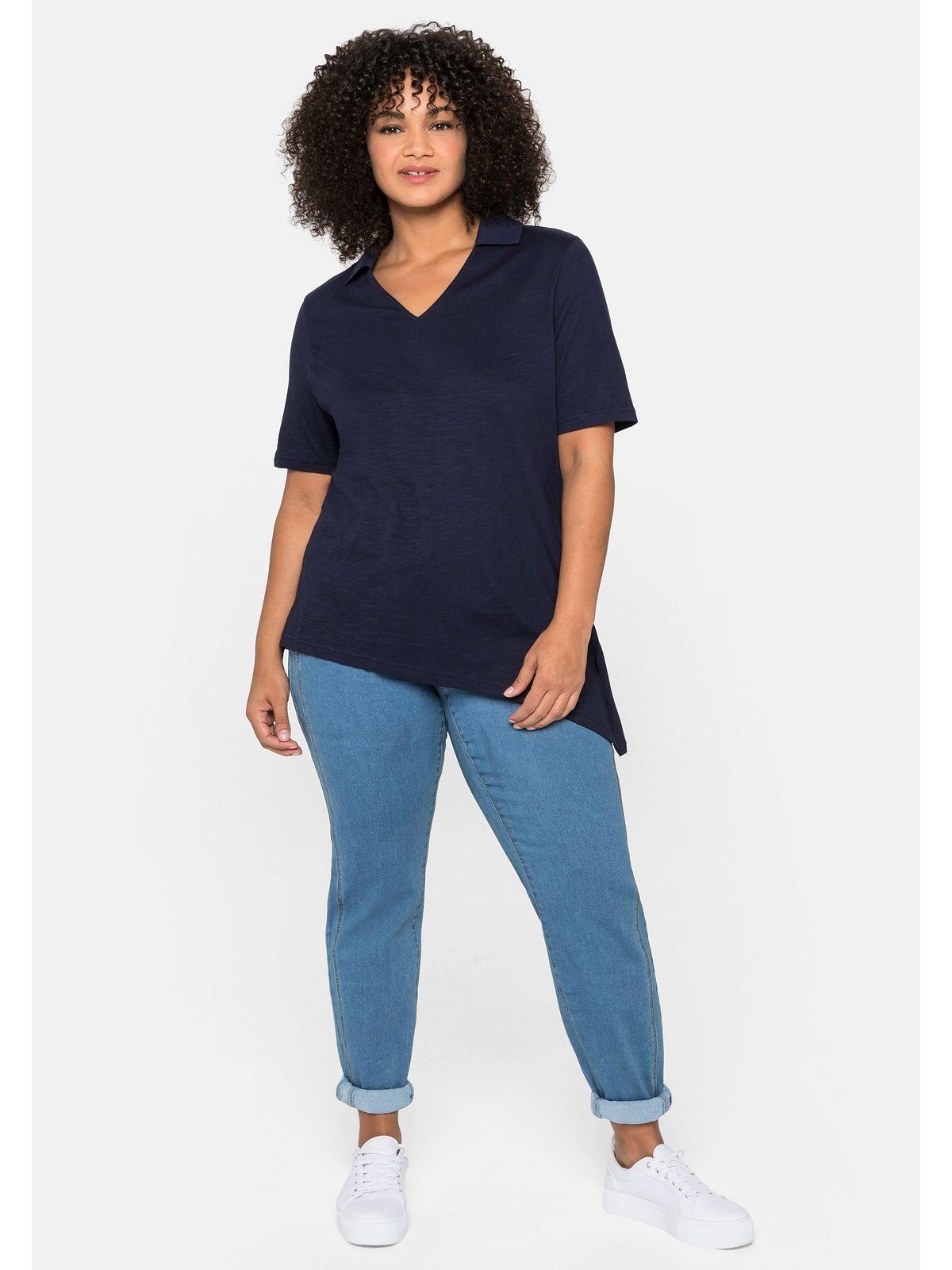 asymmetrischem mit Sheego marine T-Shirt Saum Polokragen Große und Größen