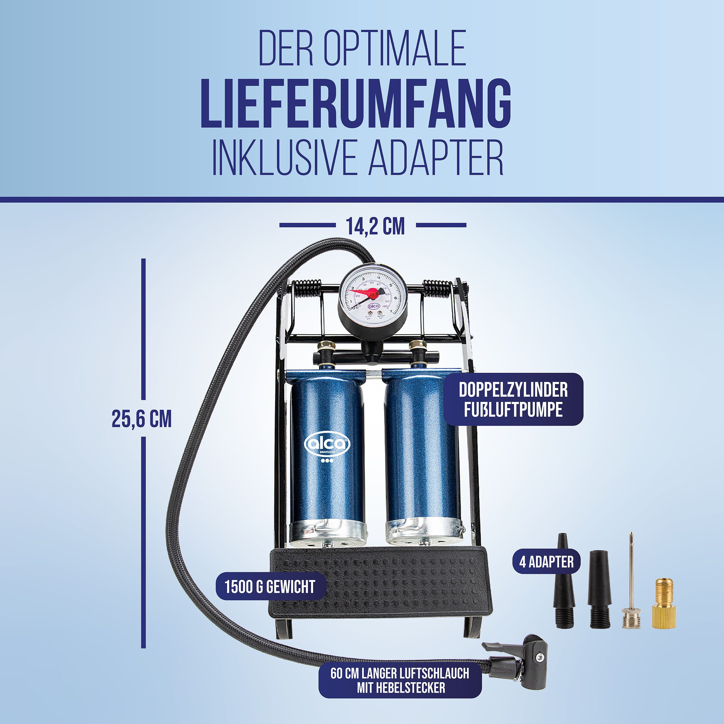 alca Luftpumpe 2-Zylinder Hochleistungs-Fußpumpe + Manometer (1-tlg)