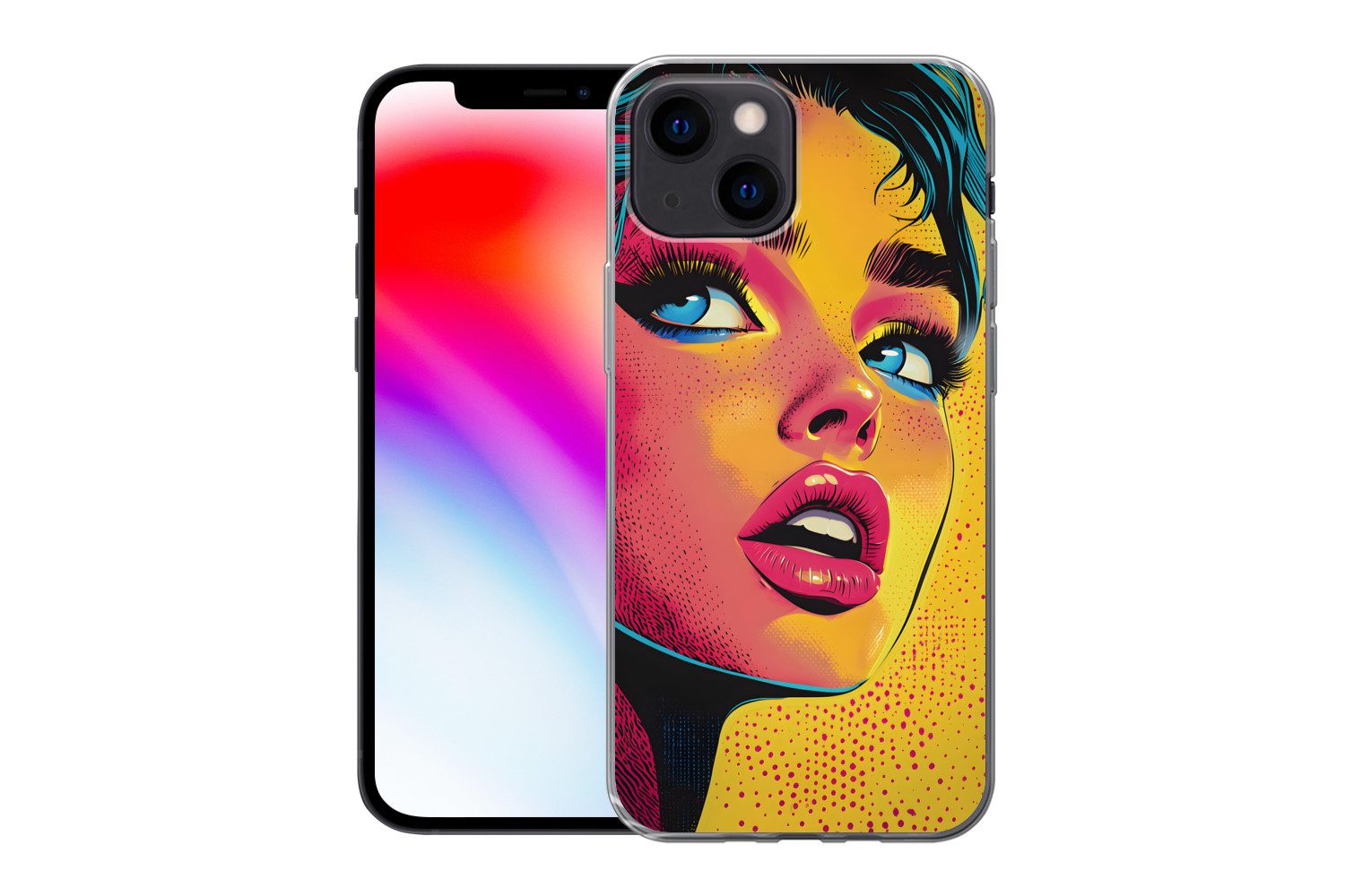 MuchoWow Handyhülle für Apple iPhone 13 mini Nahaufnahme - Frauengesicht - Tupfen - Gelb, Smartphone-Bumper, Print, Handy Schutzhülle Dünn