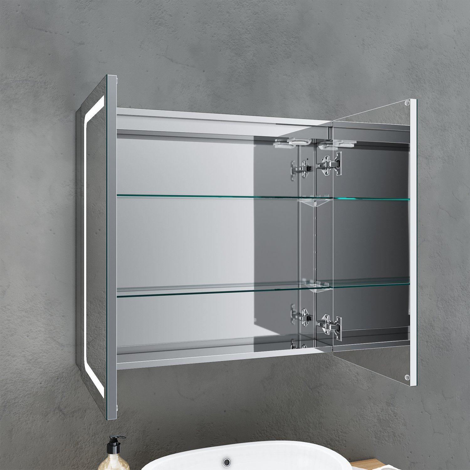 SONNI Badezimmerspiegelschrank Spiegelschrank 2-türig Bad Steckdose, Badschrank, LED Breite Beleuchtung Badezimmerspiegelschrank 70cm Badspiegel