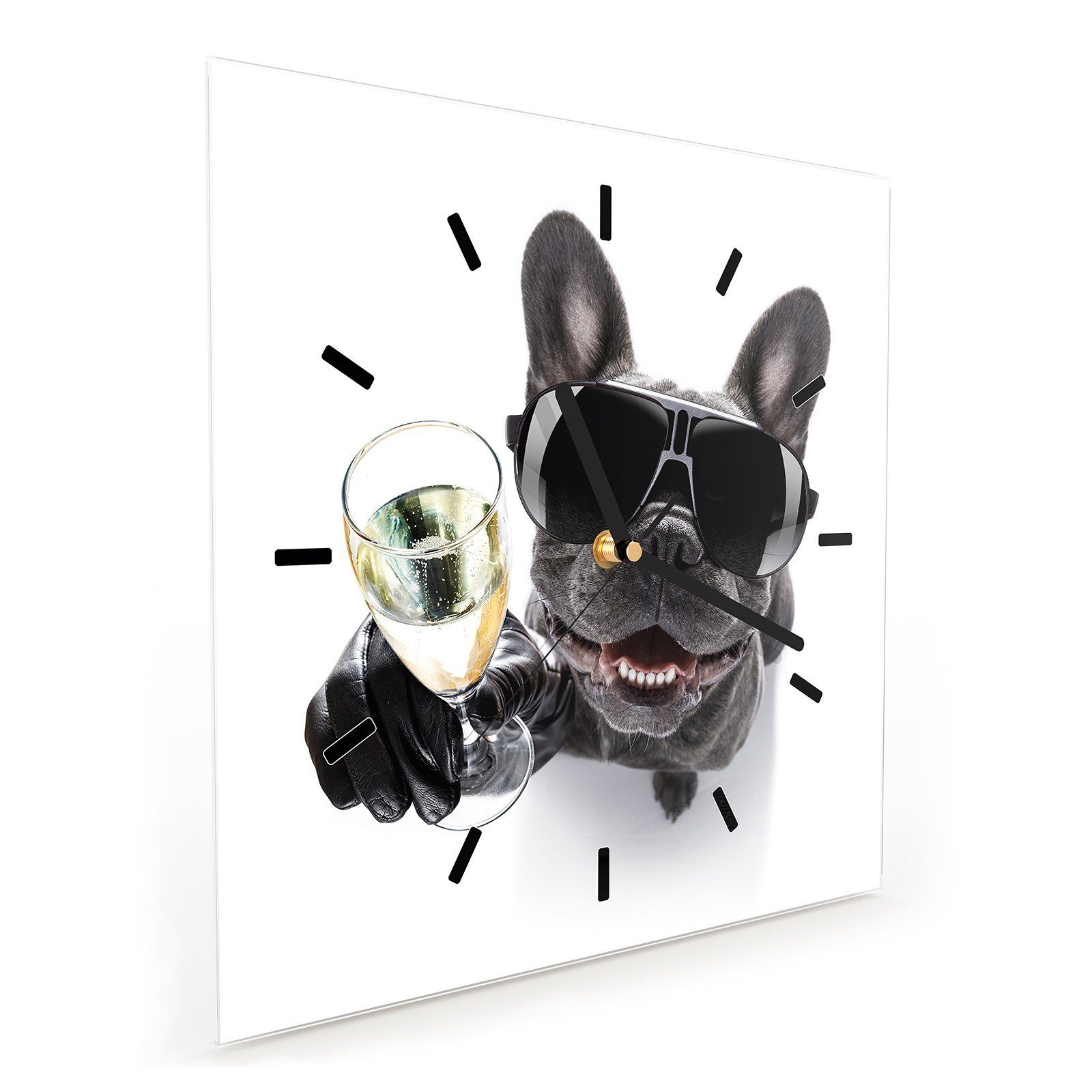 Primedeco Glas Glasuhr mit cm Motiv 30 Bulldogge x Größe mit Wanduhr Wanduhr Wandkunst Prosecco 30