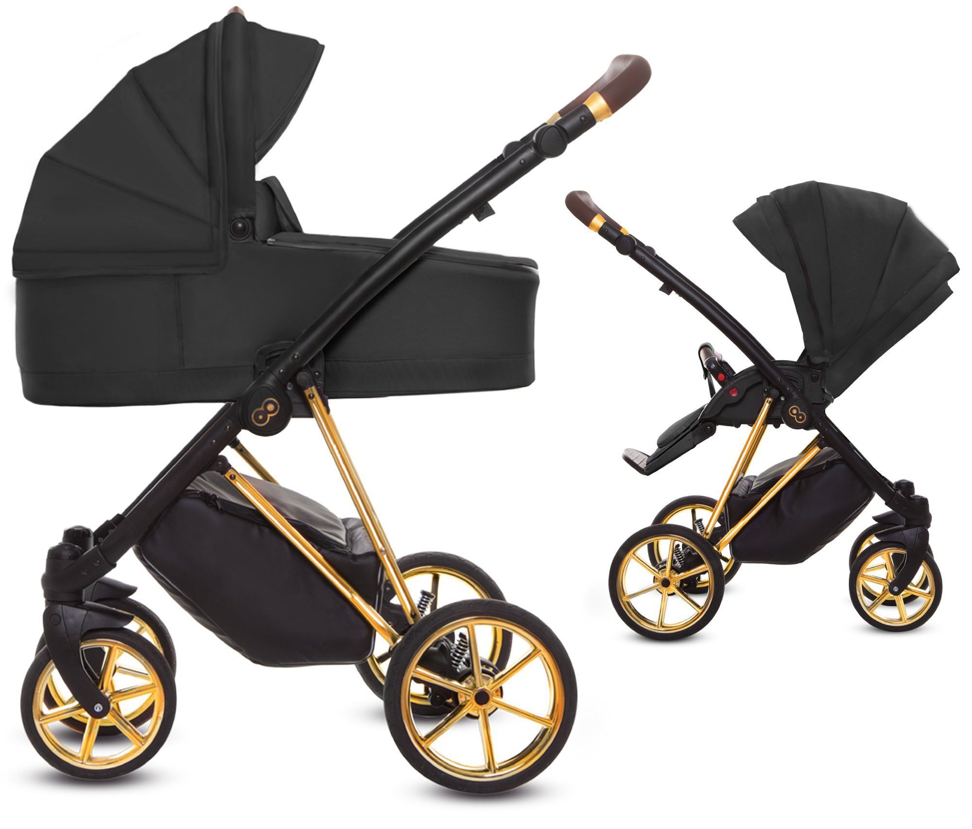 TPFLiving Kombi-Kinderwagen 2in1 Musse Ultra, Baby Buggy Babywanne 5-Punkt-Sicherheitsgurt, großes Zubehör-Set Kinderwagen 2 in 1 Stoff Schwarz, Gestell Gold Schwarz | Gestell Gold