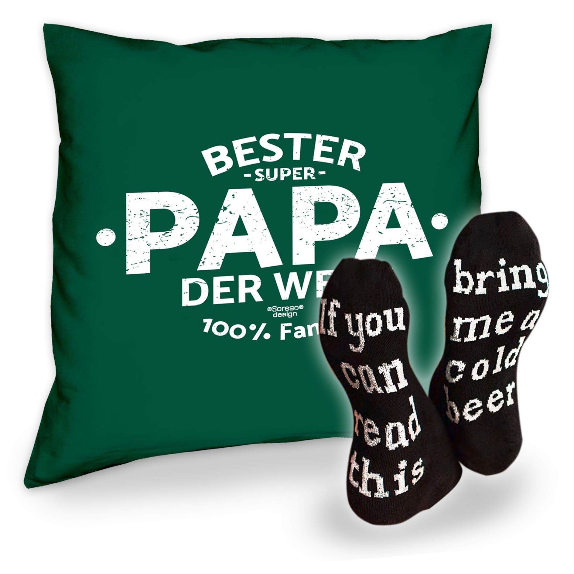 Soreso® Dekokissen Kissen Bester Papa der Welt und Socken mit Bier Spruch, Geschenk Geburstag Vatertag Weihnachten dunkelgrün