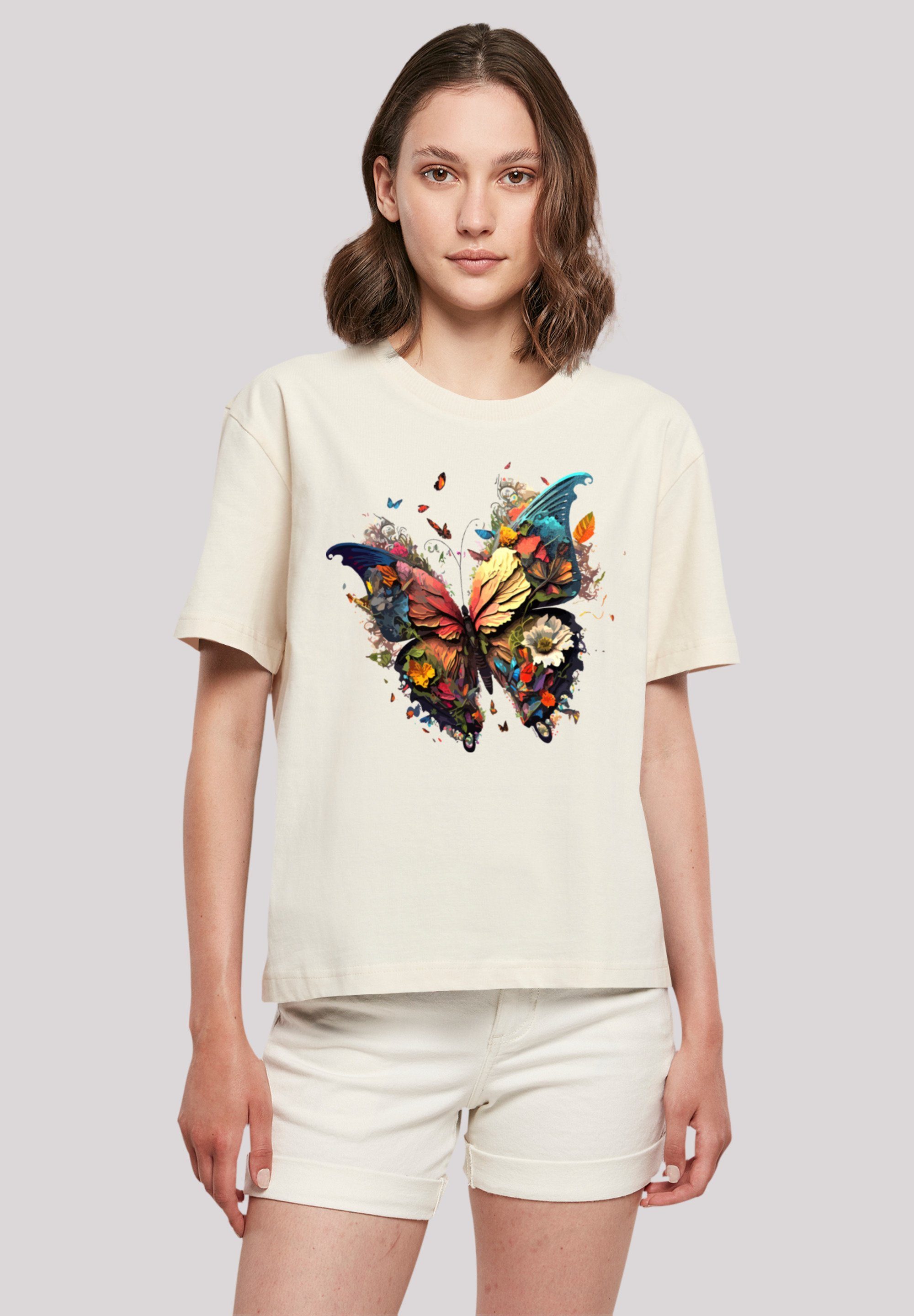 Rundhalsausschnitt stylischen für Schmetterling Print, Look F4NT4STIC Magic Gerippter T-Shirt