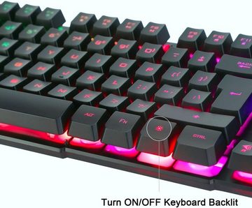 BAKTH Gaming LED Hintergrundbeleuchtung QWERTY US Layout Tastatur- und Maus-Set, Beleuchtete USB Wasserdicht mit 2400 DPI für Pro PC Gamer