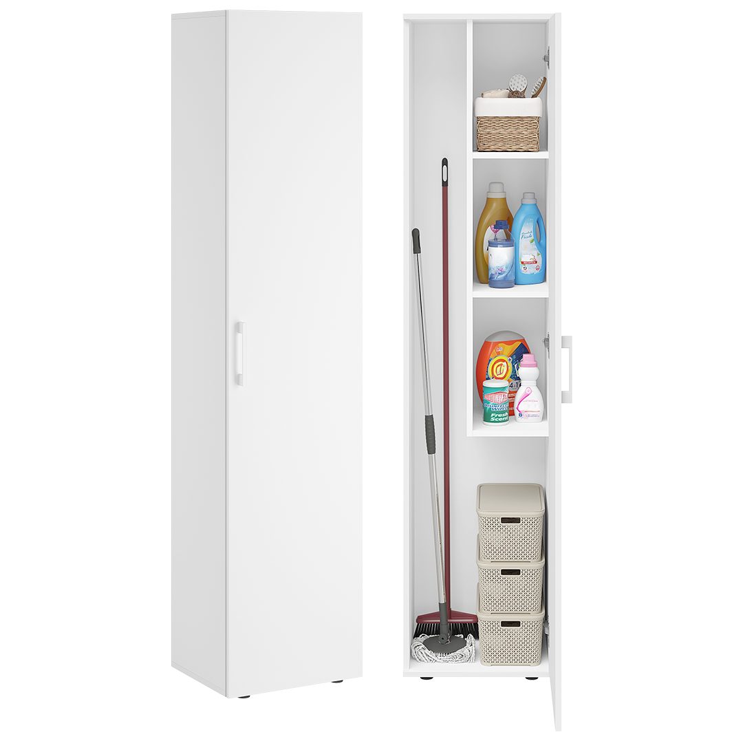Bellamio Mehrzweckschrank Apol, Hochschrank aus Holz, Aufbewahrungsschrank (Weiß) Besenschrank mit 3 Fächern, inkl. Staubsaugerfach, robust & kratzfest