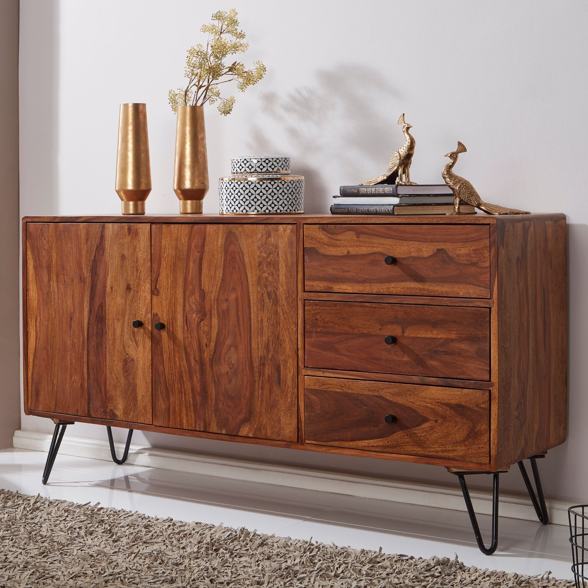 FINEBUY Sideboard FB51420 (Sheesham Massivholz 140x75x40 cm Landhaus Kommode),  Anrichte Groß, Schrank mit 2 Türen & 3 Schubladen