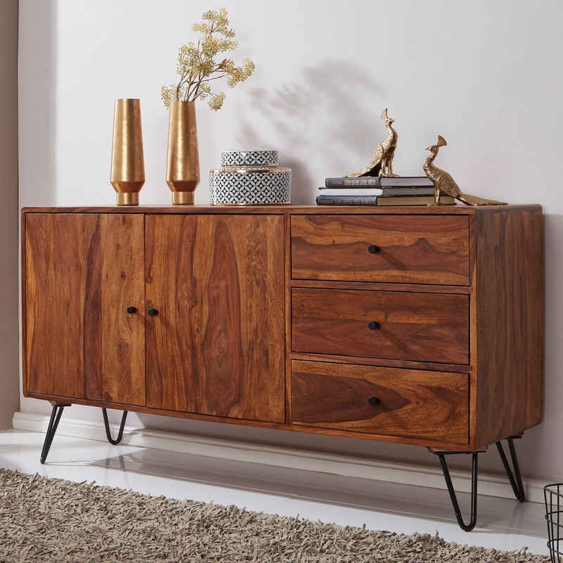 FINEBUY Sideboard FB51420 (Sheesham Massivholz 145x75x40 cm Landhaus Kommode), Anrichte Groß, Schrank mit 2 Türen & 3 Schubladen