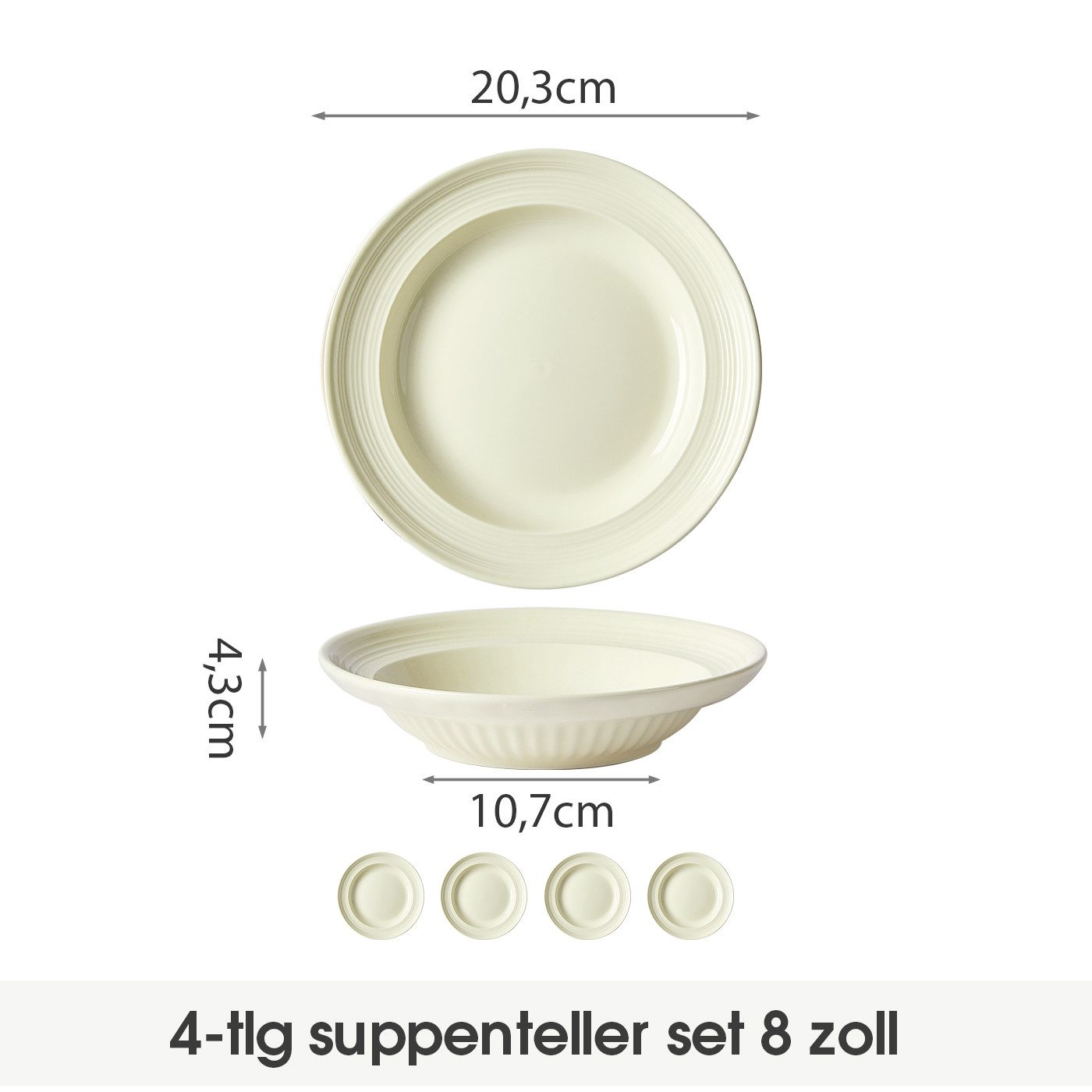 JIWOO Suppenteller 4er Ø20,3 cm, Speiseteller Pastateller Salatteller Dessertteller Plate, (4 St), Keramik Plate Hochwertige Tellerset Weiß mikrowellen spülmaschinenfest
