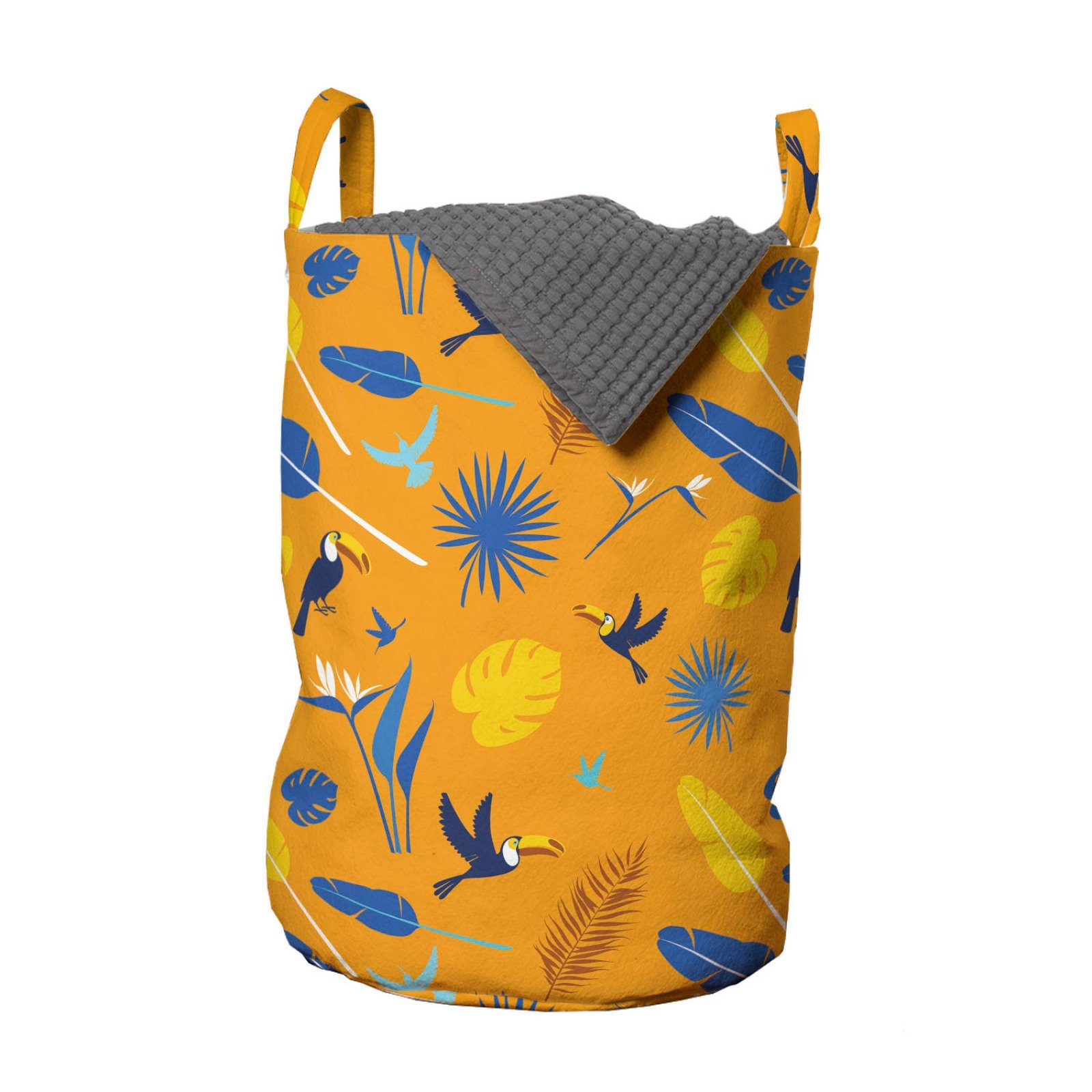 Abakuhaus Wäschesäckchen Wäschekorb mit Griffen Kordelzugverschluss für Waschsalons, Orange und Gelb Dschungel Blatt Vögel
