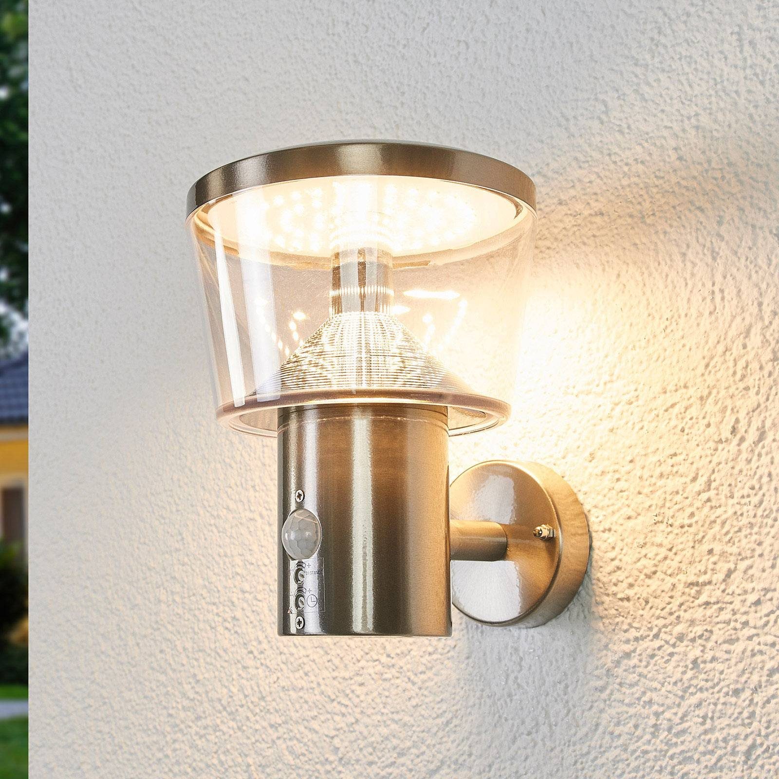 Lindby Außen-Wandleuchte Antje, LED-Leuchtmittel fest verbaut, warmweiß, Modern, Edelstahl, Polycarbonat, edelstahl, klar, 1 flammig, inkl. | Wandleuchten