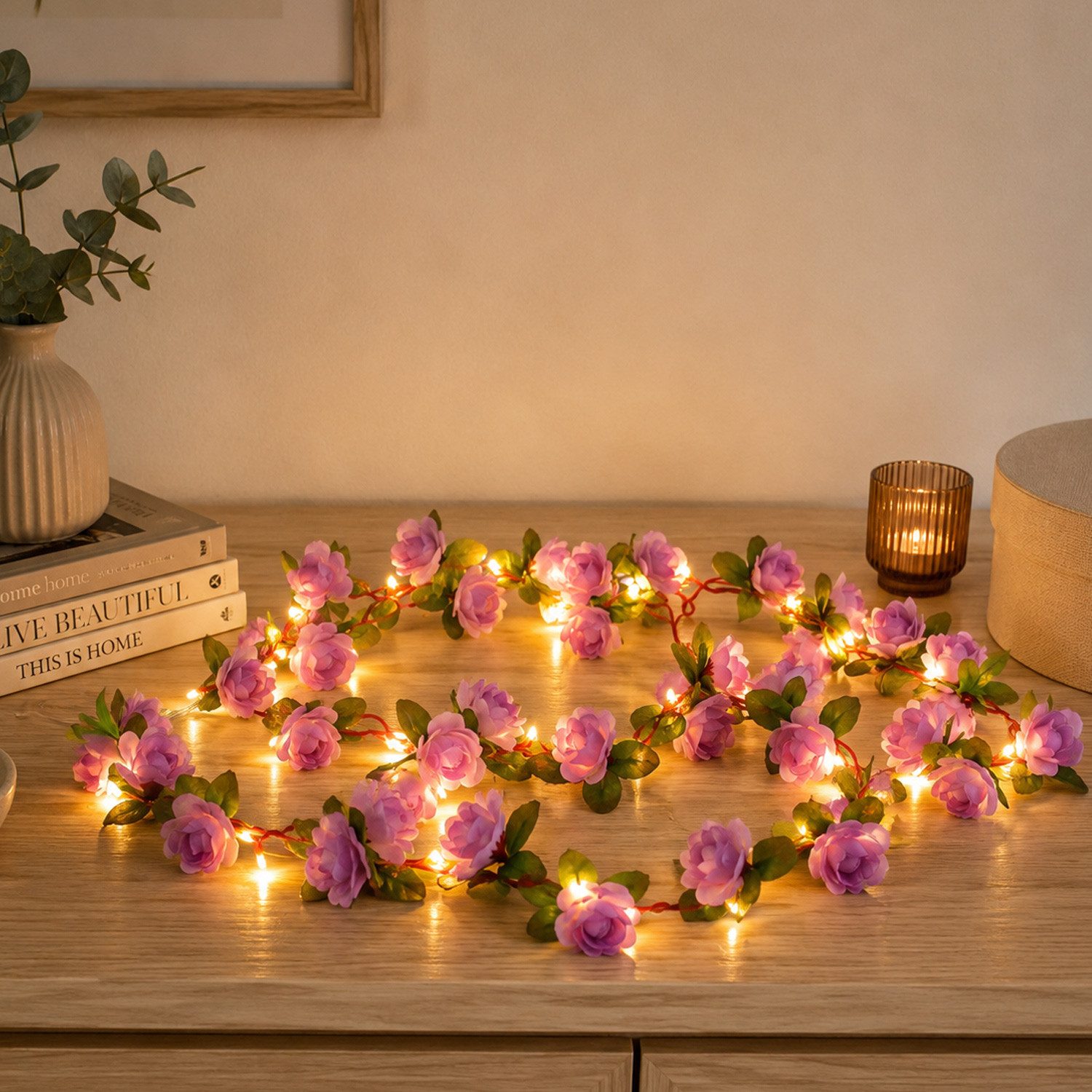 MARELIDA LED-Lichterkette lila Mini Rosen Rosenblüten Deko Hochzeit Valentinstag 2,1m Timer, 22-flammig