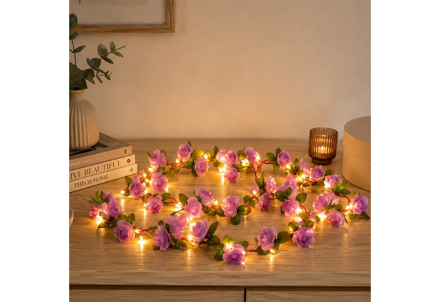 MARELIDA LED-Lichterkette lila Mini Rosen Rosenblüten Deko Hochzeit Valentinstag 2,1m Timer, 22-flammig