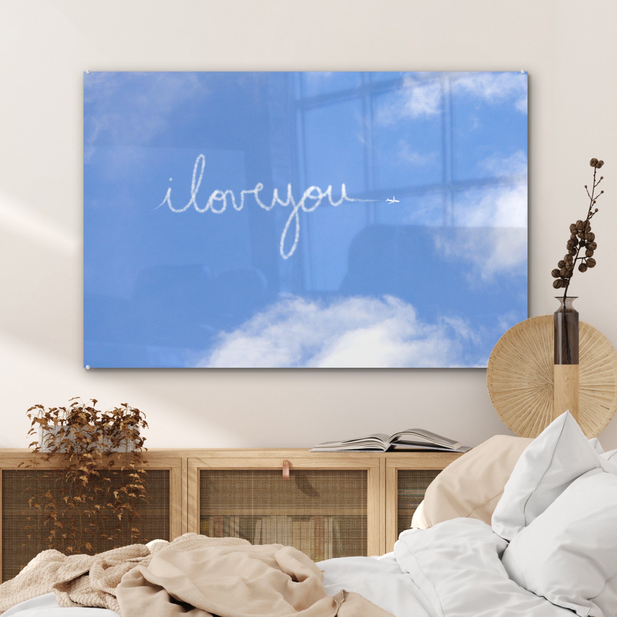 (1 Ich Wohnzimmer Acrylglasbild mit & Wolken, St), liebe dich Schlafzimmer der Farbe MuchoWow Acrylglasbilder der geschrieben