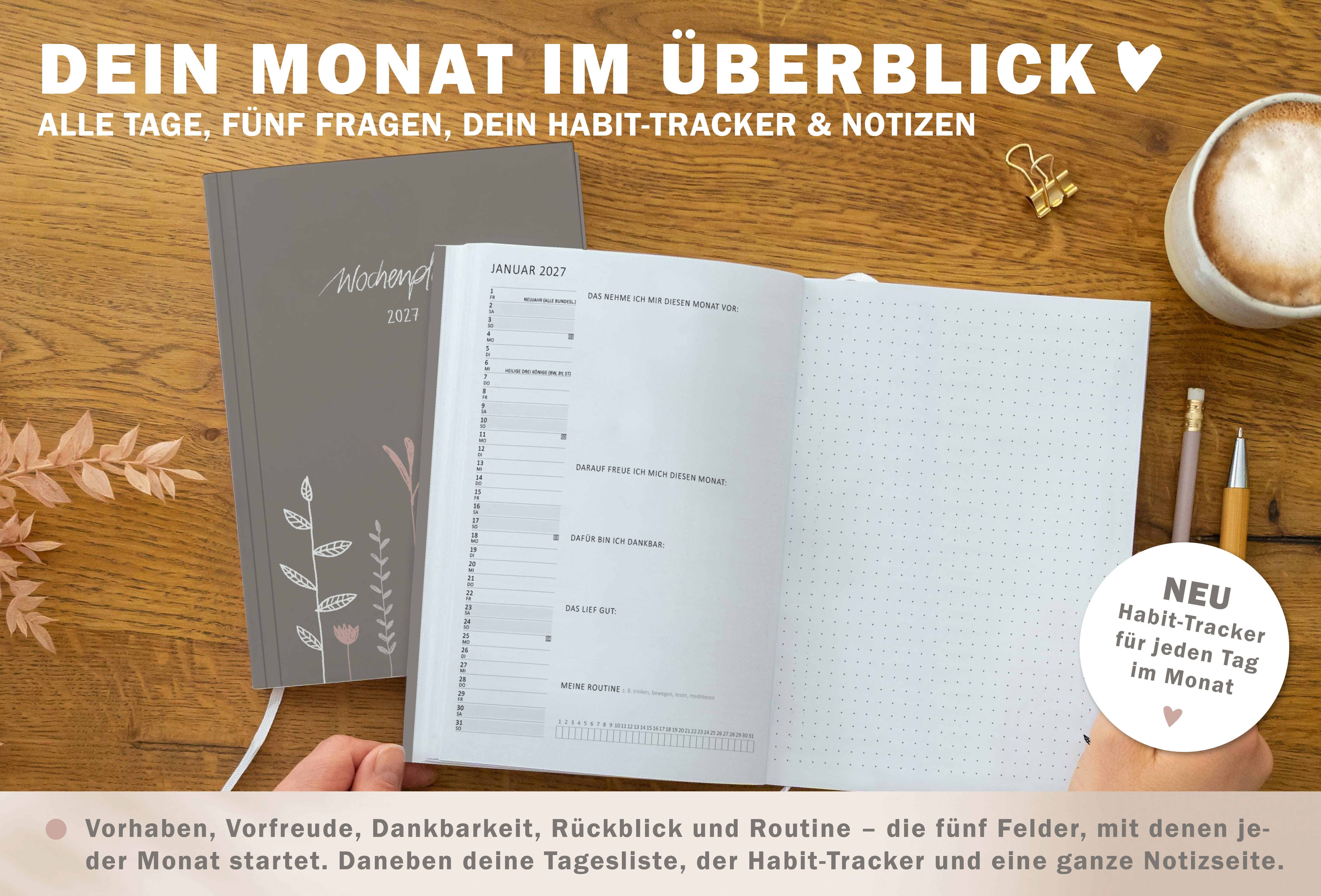 Eine der Guten Verlag Terminkalender Terminplaner 2027 - A5, grau rosa, 1 Doppelseite / Woche, 144 S. FSC-Papier, Softcover, klimaneutral – Bild 5 von 5