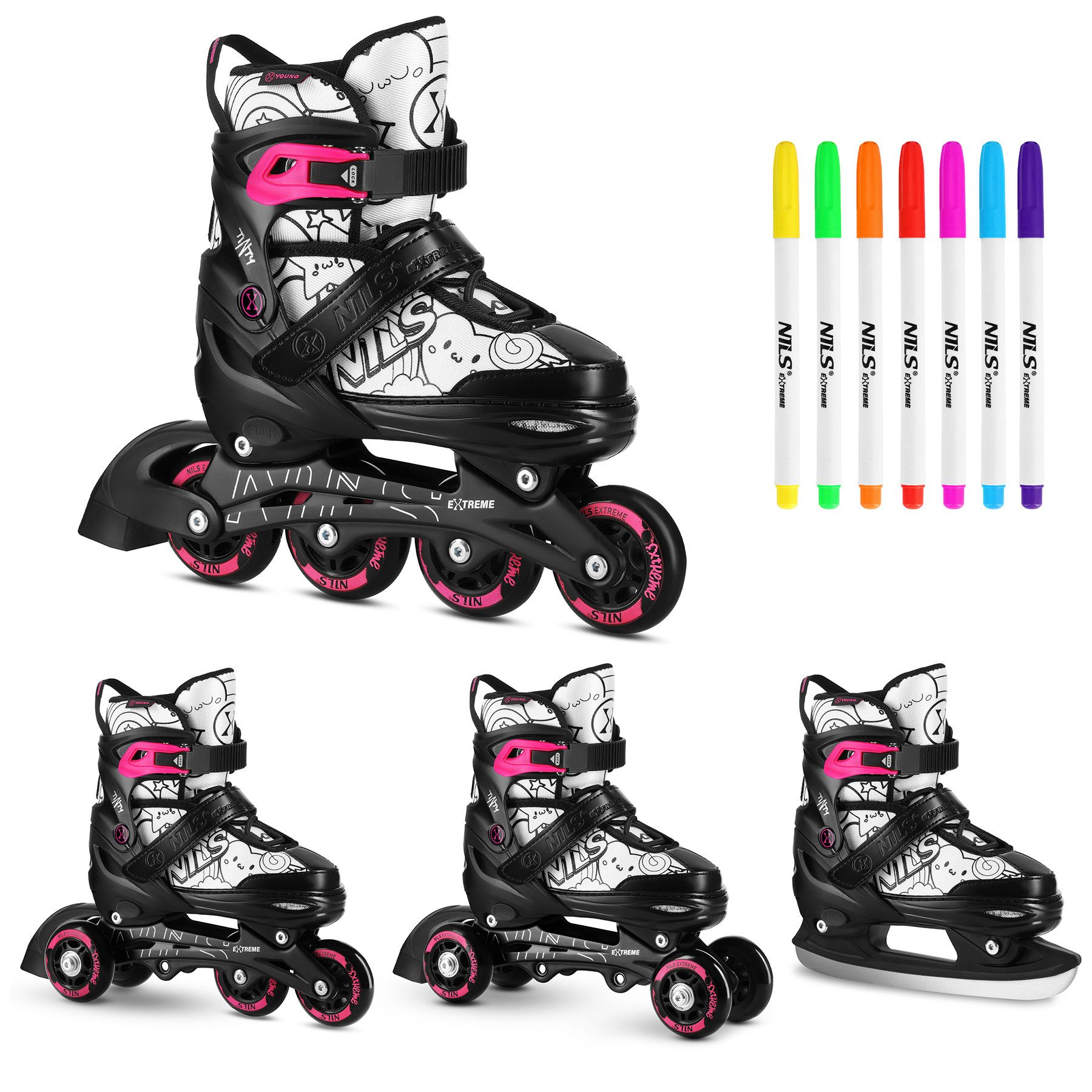 NILS EXTREME Inlineskates 4 in 1 Inliner verstellbare Skates Schlittschuhe Rollschuhe TINTY Rosa, gestalte die Skates nach deinen Wünschen