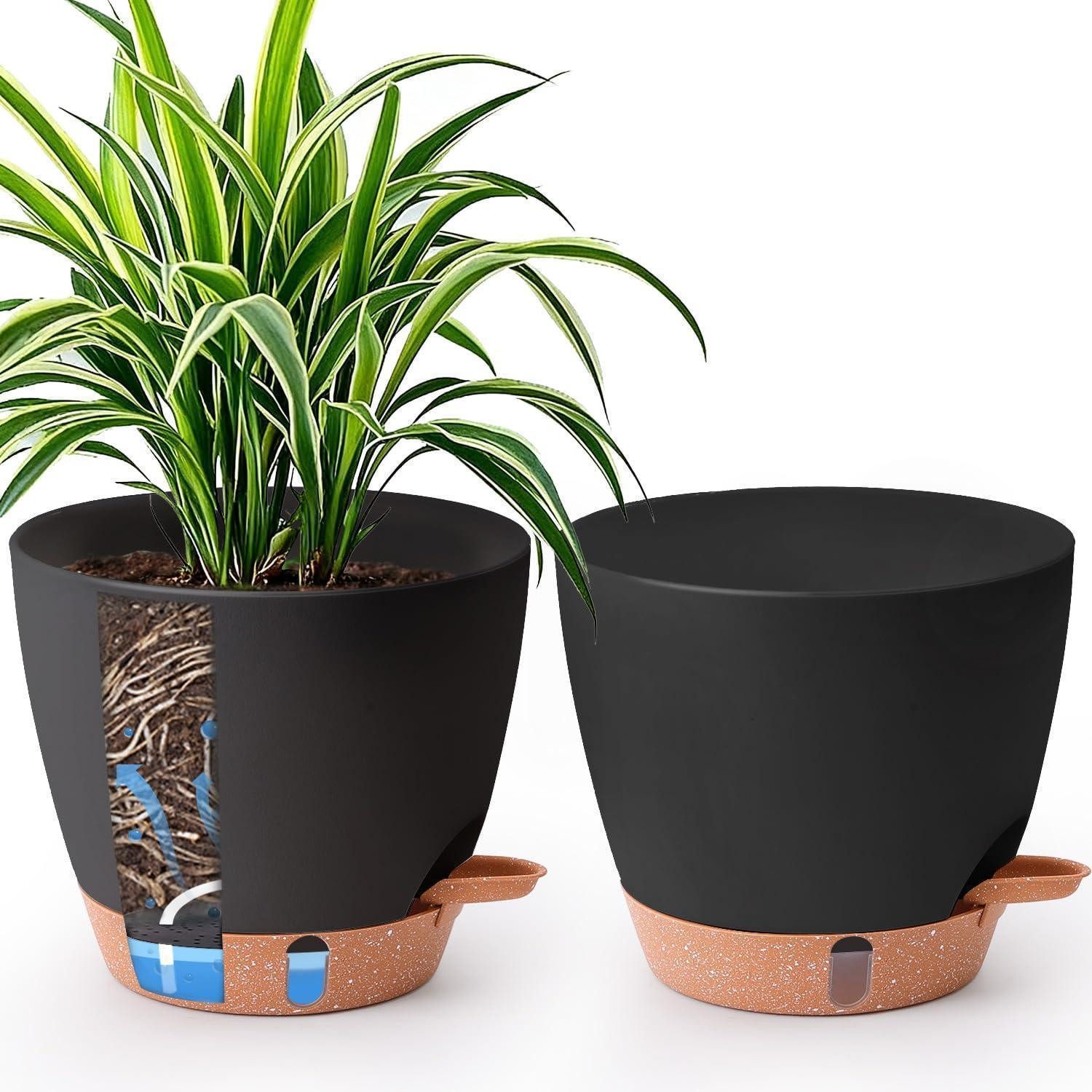 LuxusKollektion Kräutertopf Blumentopf 2er selbstbewässernd Wasserspeicher innen Schwarz 20CM-2set