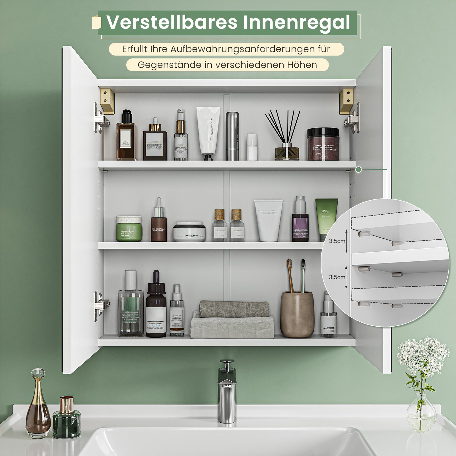 Dripex Spiegelschrank Badezimmerschrank mit Spiegel Badschrank mit verstellbarem Einlegeboden – Bild 4 von 5