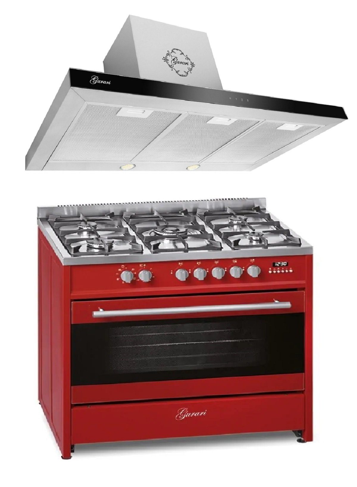 GURARI Gas-Standherd GCH E 911 R+GCH F 462 IS 9 Prime, Gas Elektro Standherd 90 cm/ 121L +Dunstabzugshaube 90 cm