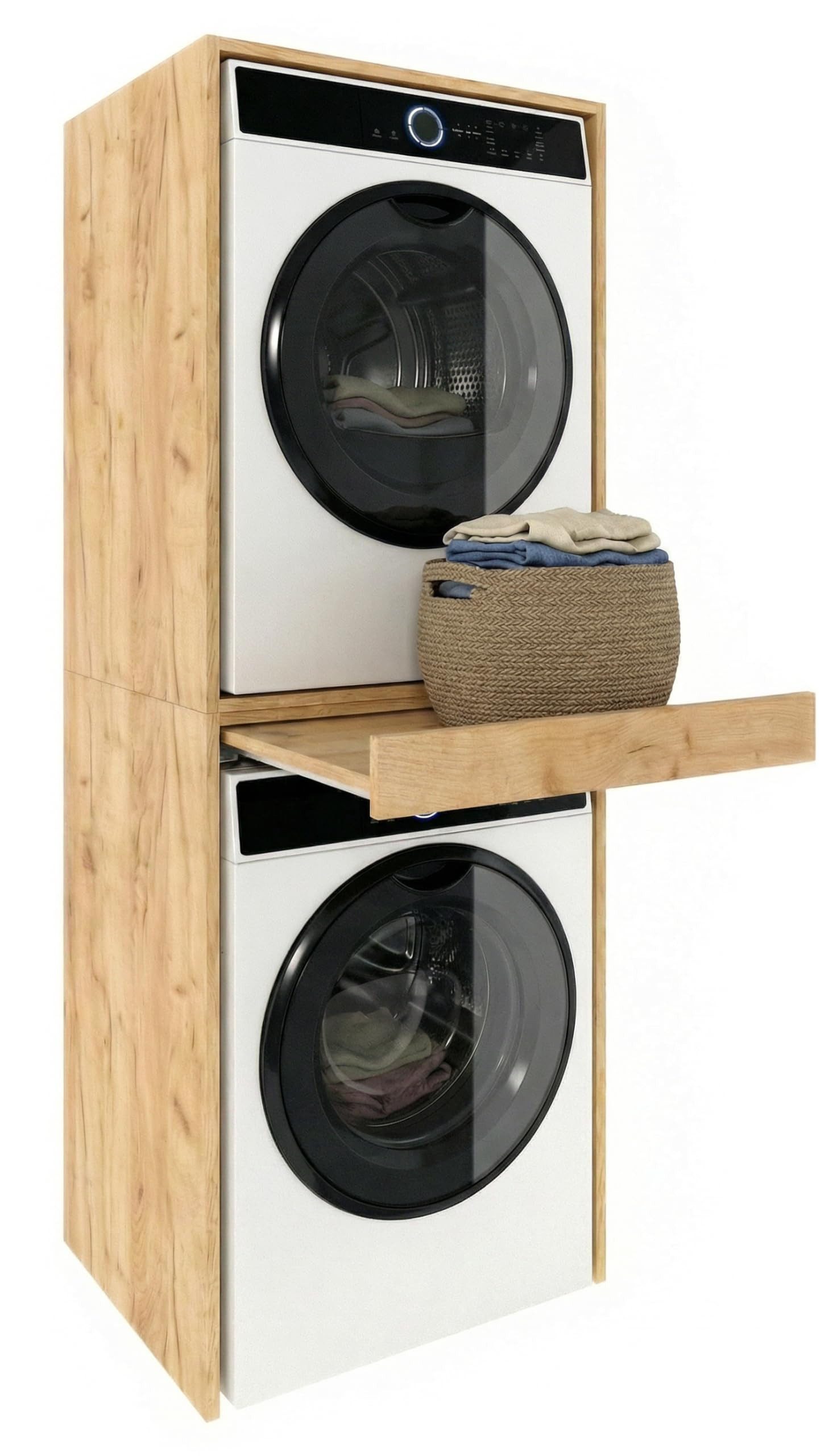 TREND WERK Waschmaschinenumbauschrank 66×64×184 cm - für Waschmaschine & Trockner übereinander (Waschraum Möbel Schrank für Waschküche mit Stauraum) Waschturm für Waschmaschine & Trockner mit Ausziehbrett & Hochschrank