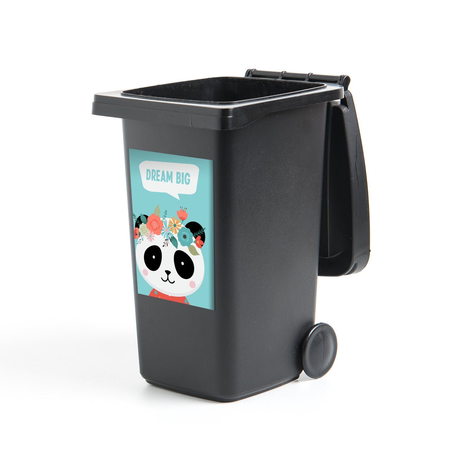 MuchoWow Wandsticker Panda - Blumen - Zitat (1 St), Mülleimer-aufkleber, Mülltonne, Sticker, Container, Abfalbehälter
