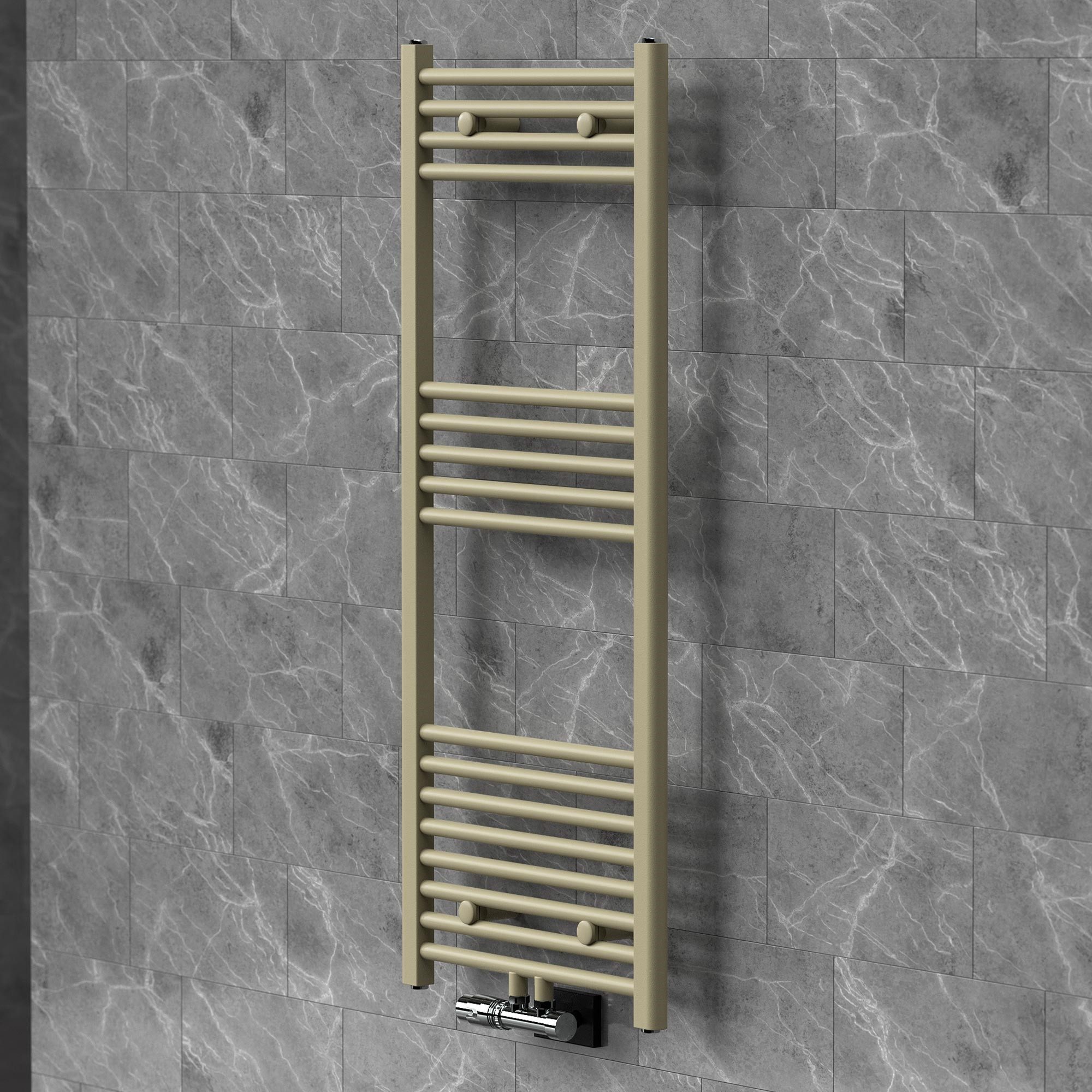 LuxeBath Badheizkörper Handtuchheizkörper mit Ventil-Armaturen Badheizkörper gerade Beige, Handtuchtrockner 500x1200 mm Mittelanschluss mit Eckform-Garnitur