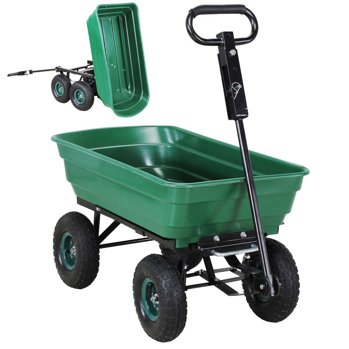 miweba Bollerwagen Gartenwagen Transportkarre Dumper (300 kg Zuladung - Kippverriegelung - 75 L Volumen - Kippfunktion - Doppelachse, 1-tlg., deichselgeführte Lenkachse - Anhängerfunktion - Luftreifen), Transportwagen - Gartenkarre- Gartenwagen - Schubkarre Grün