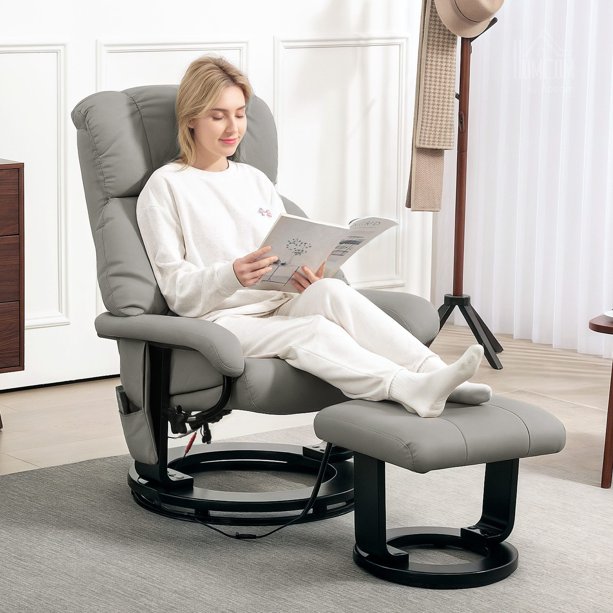 HOMCOM Massagesessel Relaxsessel mit Hocker, Liegefunktion, Ruhesessel für Wohnzimmer (Fernsehsessel, 2-St., Elektrischer Liegesessel mit Fernbedienung), mit Seitentasche, Kunstleder, Grau