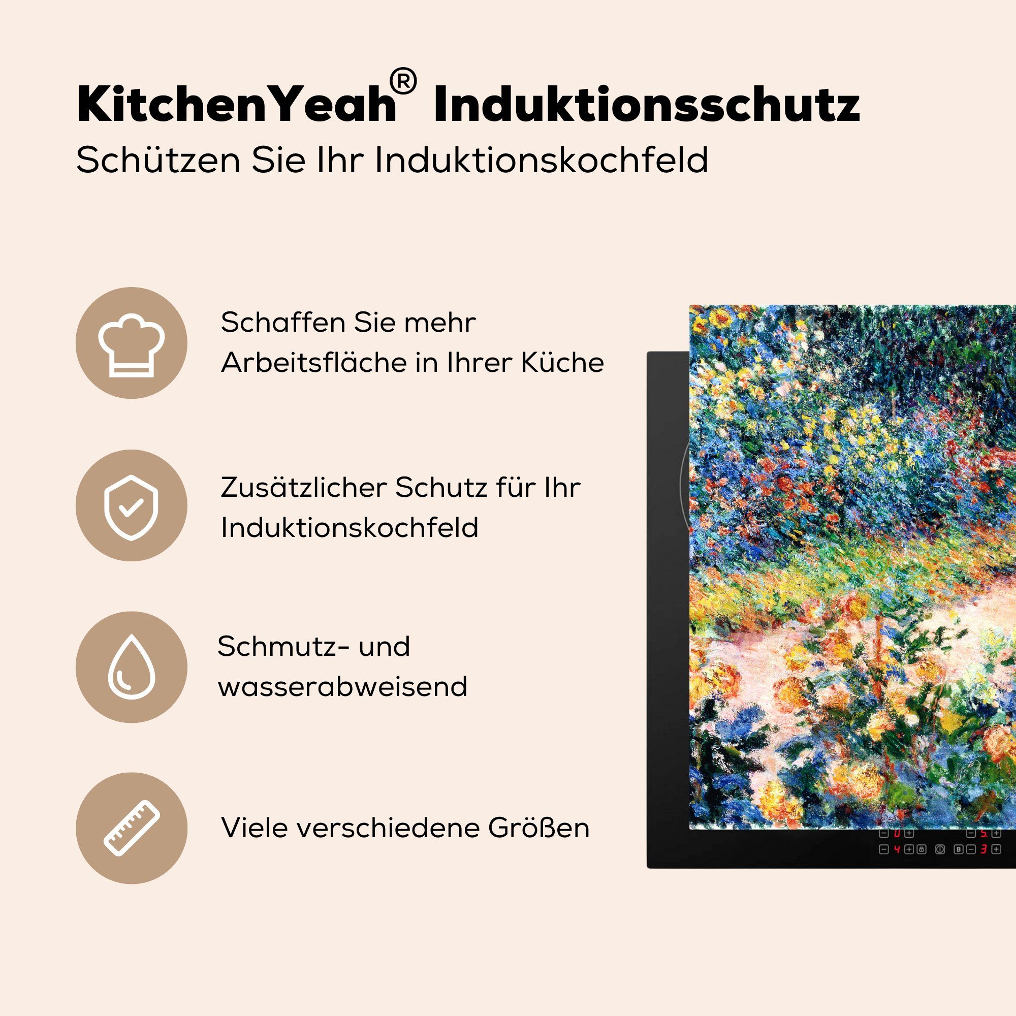 MuchoWow Claude küche, (1 Garten Gemälde Herdblende-/Abdeckplatte Im von tlg), cm, 59x52 für Vinyl, Induktionsmatte die Ceranfeldabdeckung - Monet,