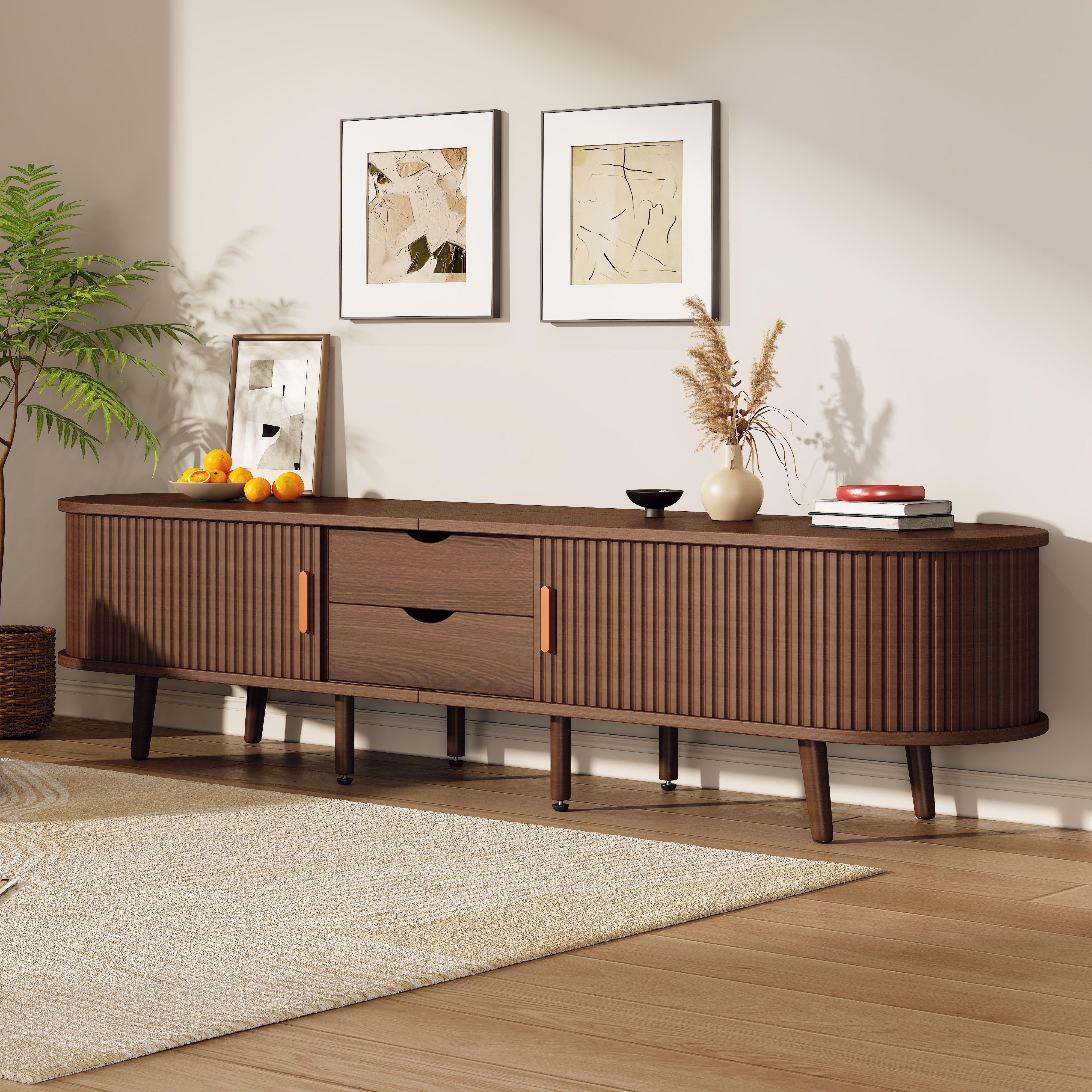 STILVORA TV-Schrank mit 2 Schubladen,TV-Schrank mit offene Regale&runder Tischplatte,MDF (Wohnzimmermöbel, TV-Panel, Fernsehschrank, Mehrzweckschrank, 2 Schiebetüren, 2 Schubladen) mit geschwungene, vertikal geprägte Schiebetür