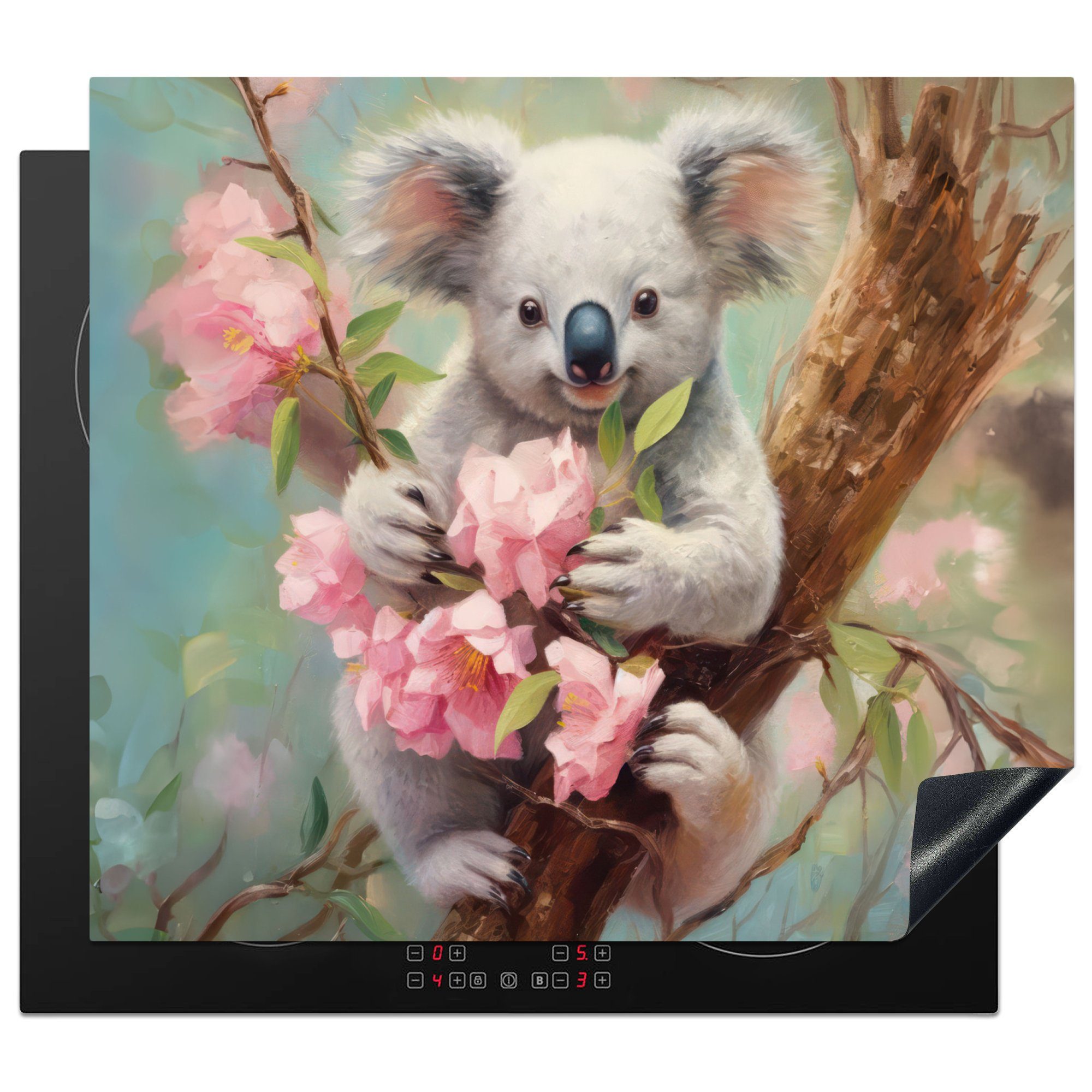 MuchoWow Herdblende-/Abdeckplatte Koala - Blumen - Tiere - Rosa, Vinyl, (1 tlg), 60x52 cm, Mobile Arbeitsfläche nutzbar, Ceranfeldabdeckung