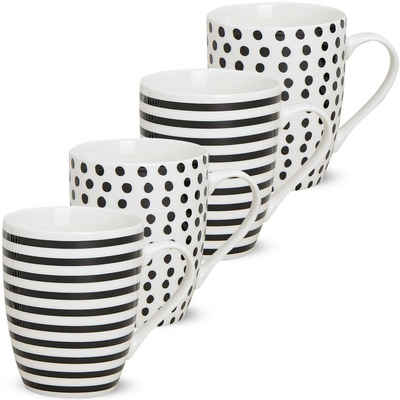 matches21 HOME & HOBBY Tasse Kaffeetassen 4er Set Punkte Streifen Design gepunktet, Porzellan, Tee Kaffee-Becher, modern, weiss schwarz gestreift, 300 ml