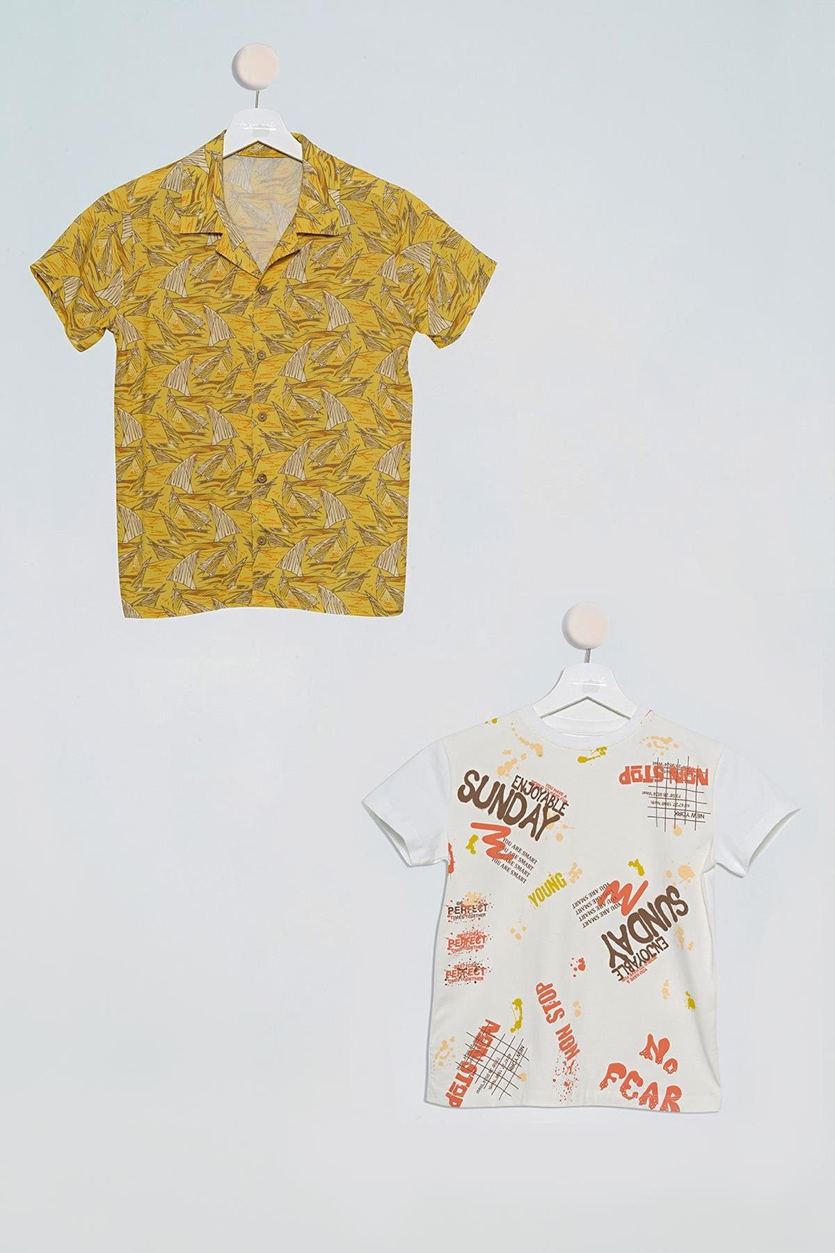 For You Moda Frackhemd 2-teiliges Senfgelbes Segelboot-Print Hemd T-Shirt Set
