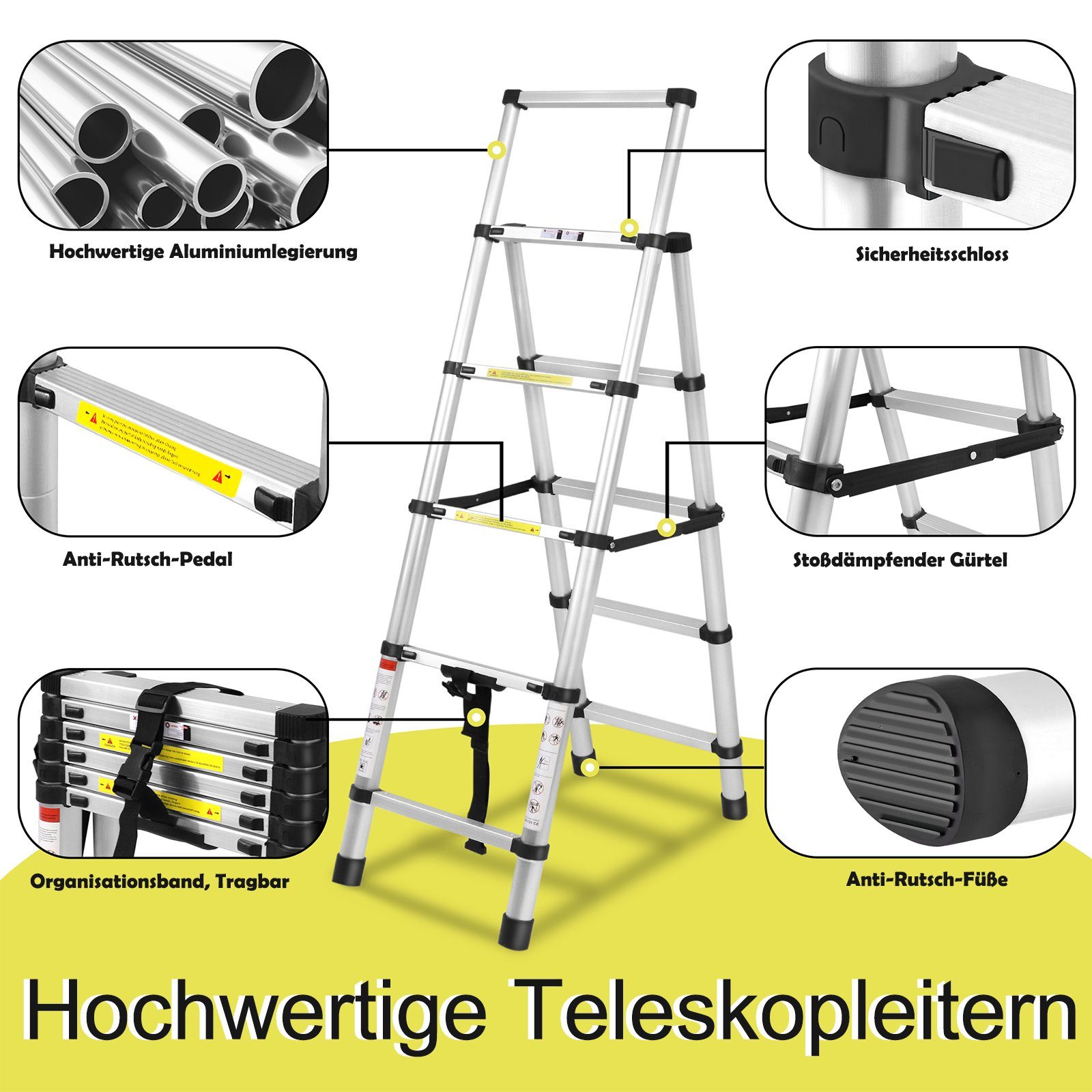 AUFUN Teleskopleiter Ausziehleiter Klappleiter Stehleiter A-Rahmen 1.7m+2.0m, Aluminiumleiter 5 6 Stufen + Rutschfester Stufen), + / Aluleiter 6 (1.4m+1.7m 150kg Tragfähigkeit Mehrzweckleiter 7 Maximale / Ausziehbare Leiter