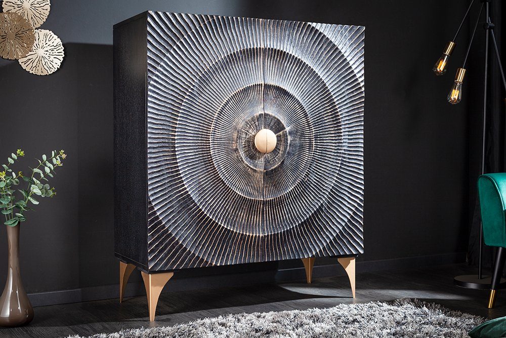 riess-ambiente Highboard GOLDEN SUNSET 120cm schwarz / gold (Einzelartikel, 1 St), Massivholz · Metall · Kommode · 3D Front · Wohnzimmer, Hochkommode