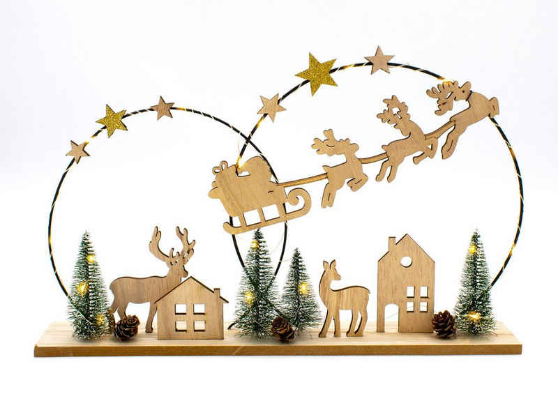 Spetebo Dekoobjekt LED Deko Aufsteller aus Holz mit Weihnachts Motiv (Packung, 1 tlg), Silhoutten Bild Weihnachtsmann mit Schlitten warm weiß beleuchtet