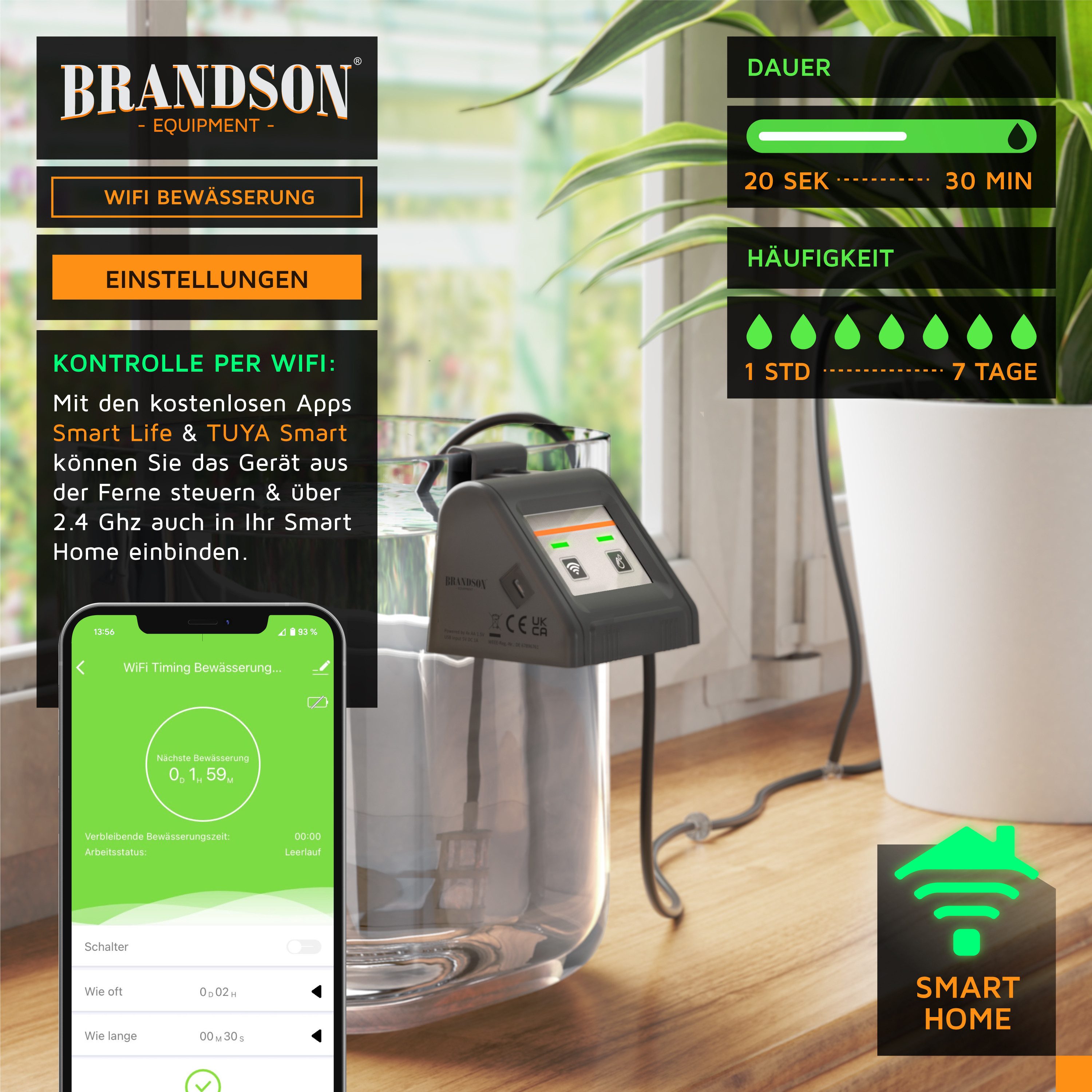 Brandson Bewässerungssteuerung Bewässerungssystem Wlan Wifi mit App, einstellbares Wasservolumen, 2,4 Ghz, automatische Tropfbewässerung für max 10 Pflanzen, Hydroponik
