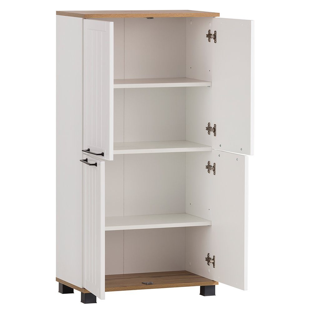 Lomadox Seitenschrank JAUSA-80 Badmöbel im Landhaus-Stil, matt weiß mit Eiche Nb., 59,8/116,9/32,6cm