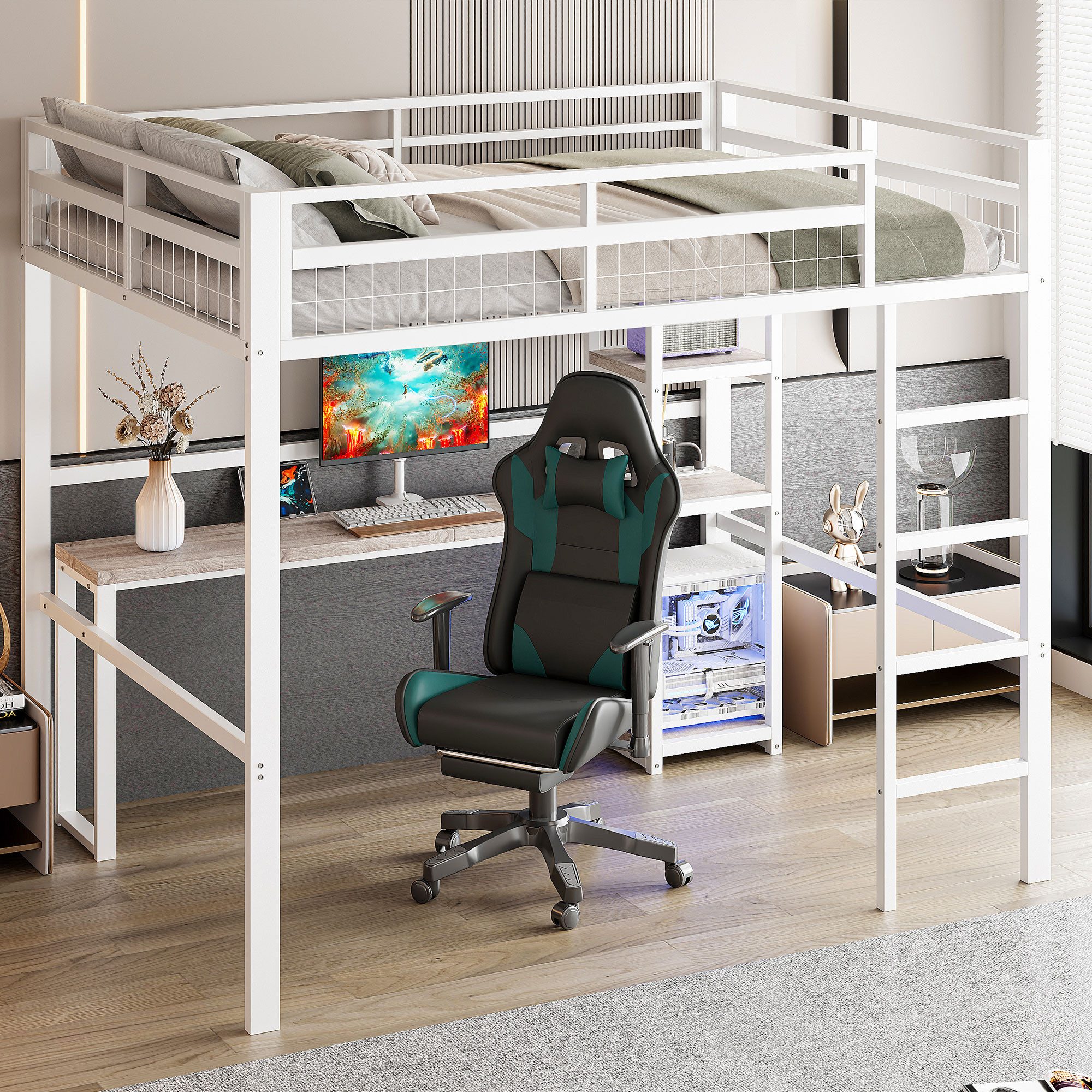 STILVORA Hochbett Hochbett 140×200 mit schreibtisch,Jugendbett mit Stauraum & Steckdose (Packung-Set, 1-St., Eisenbett) mit Geländer&Leiter